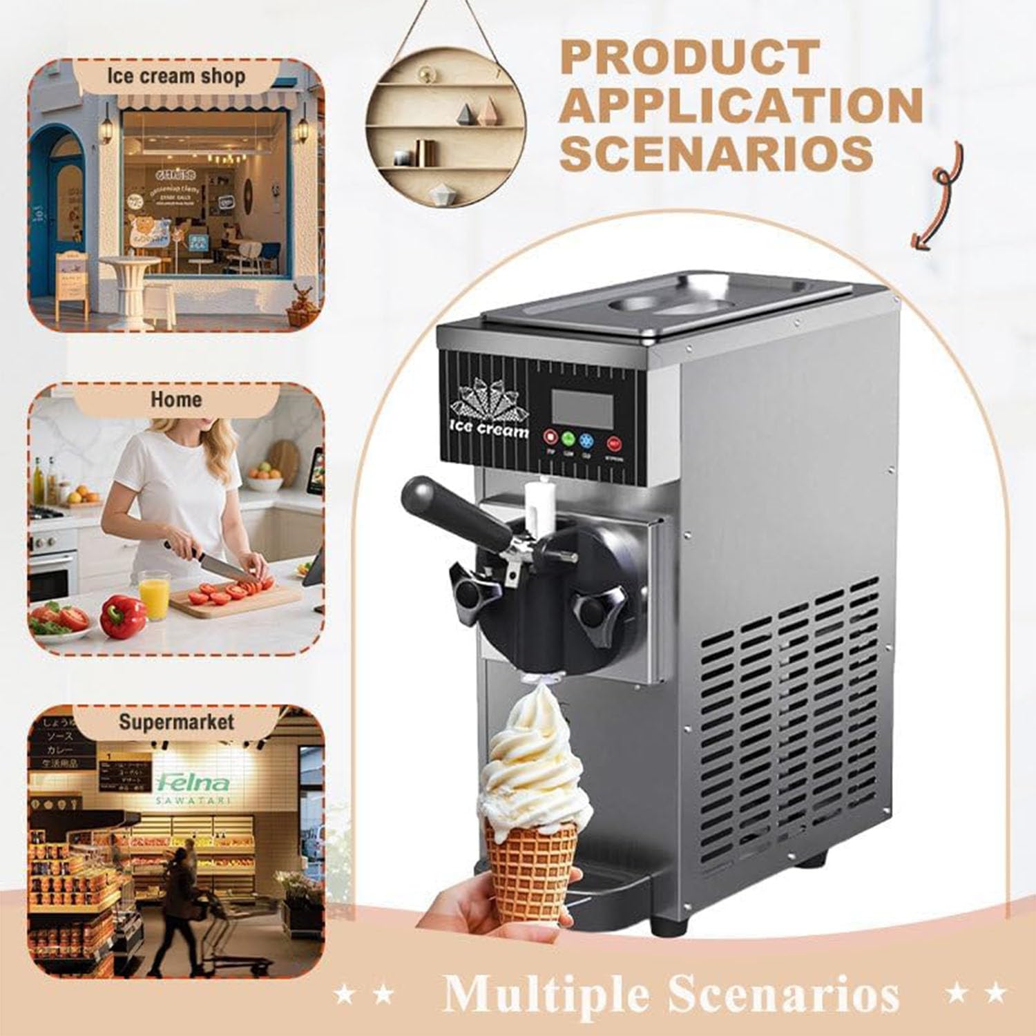 750W/450W Máquina de Helados Soft Heladera Máquina De Helados Comercial con Autolimpieza Panel LCD para Restaurantes Bares Y Cafeterías,Gris