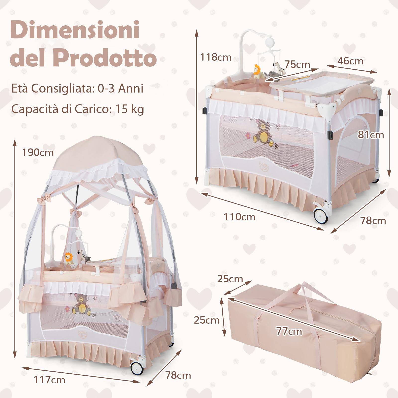 RELAX4LIFE Lettino da Campeggio con Lusso Baldacchino Zanzariera, Culla Neonato Fianco Letto con Materasso e Carillon, Ruote Bloccabili, per Bambini 0-36 Mesi (Rosa)