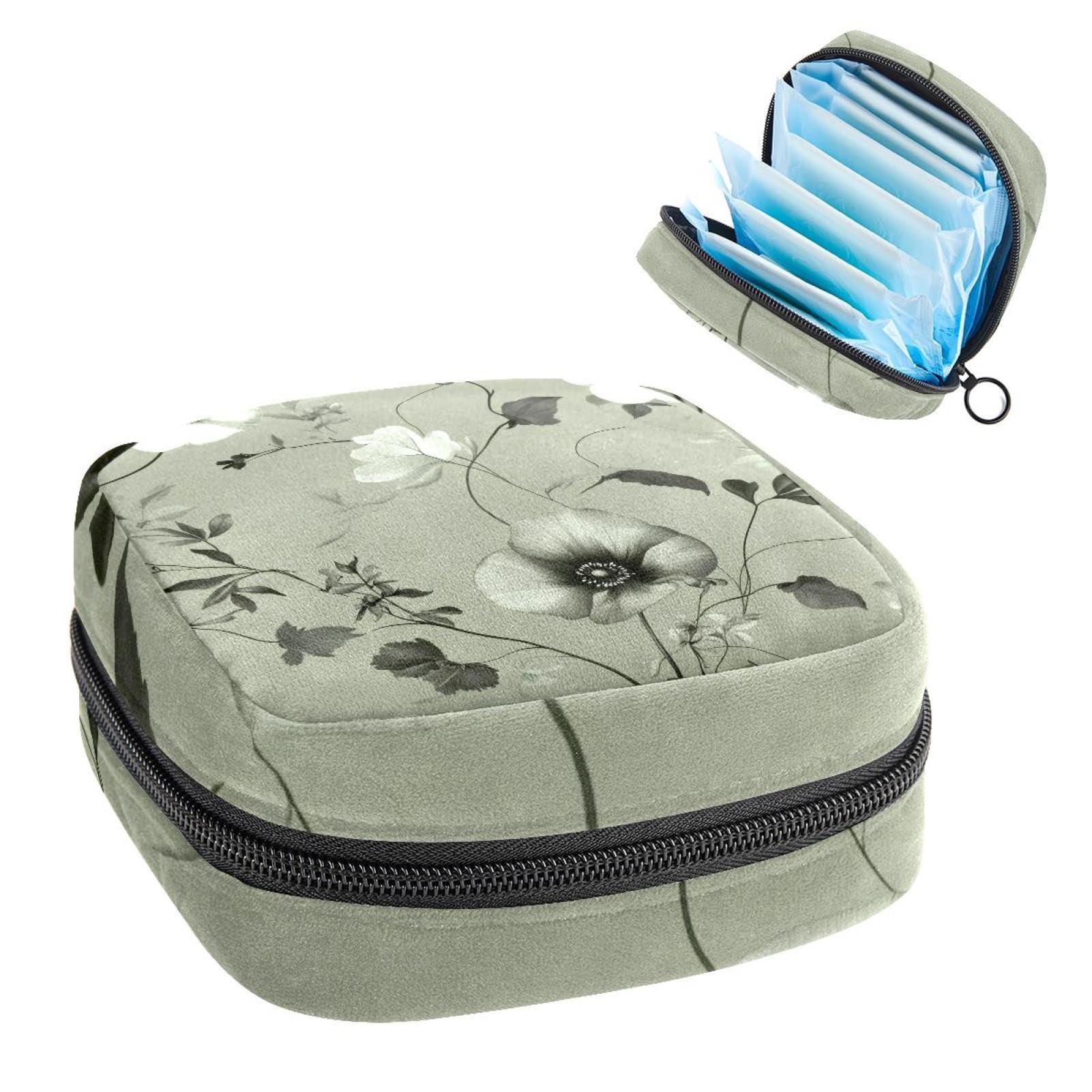 1Pc Period Bag for Women, Menstrual Pad Pouch for School Office, Reusable Sanitary Napkin Storage Bag Portable Feminine Period Kit Bag Flowers and Leaves Sage Green Background