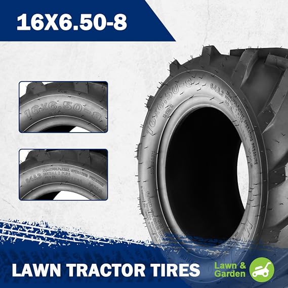 MaxAuto 16x6.50-8 Ag Farm High-Traction Lawn Mower Tires,16x6.5-8 Agriculture Tractor Turf Tires, 16x6.50x8 Super Lug AG Riding Lawn Mower Tires, 4-Ply Tubeless, 615lbs Capacity, Set of 2