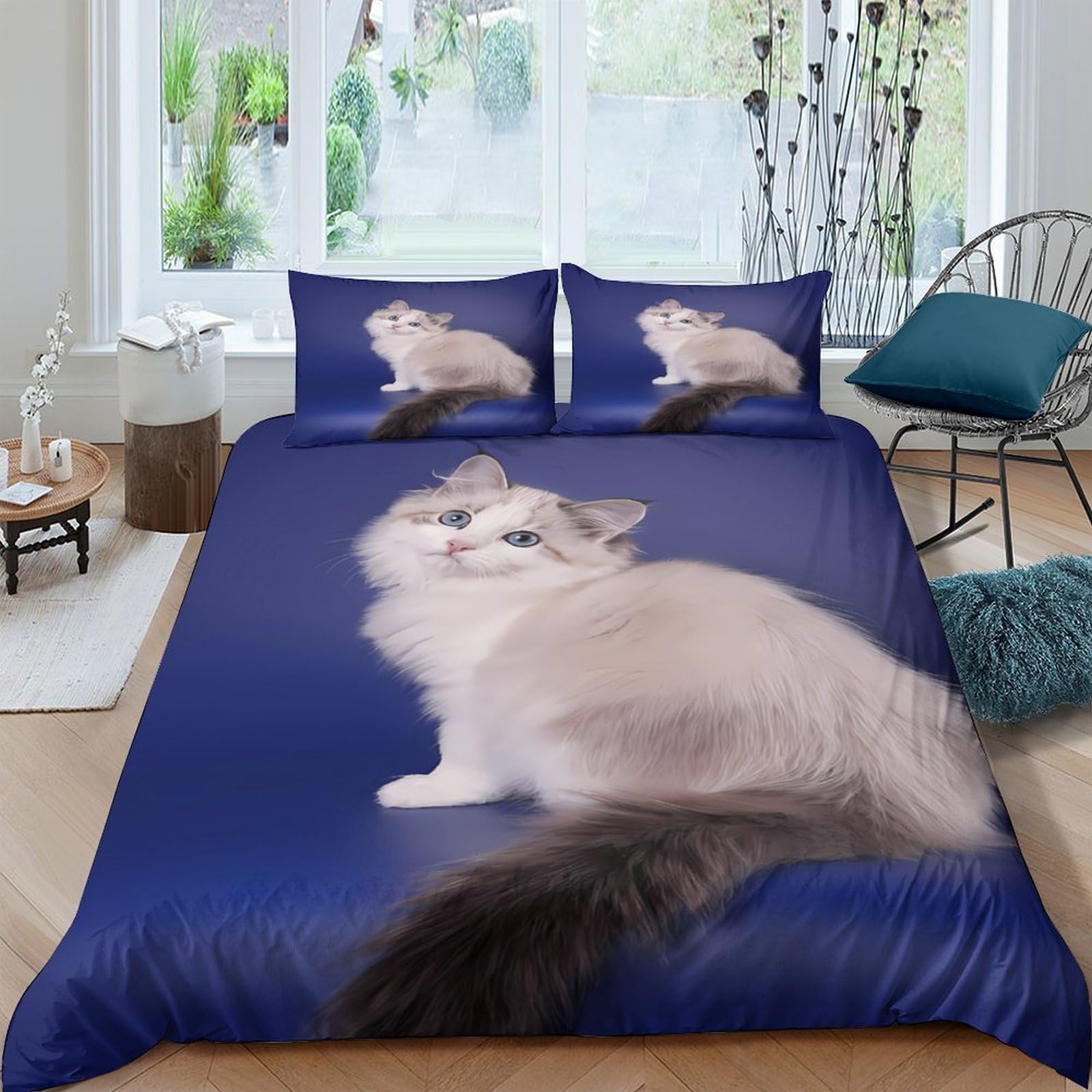 Housse de couette chat 3D 140x200 cm en microfibre avec taie d'oreiller pour lit simple