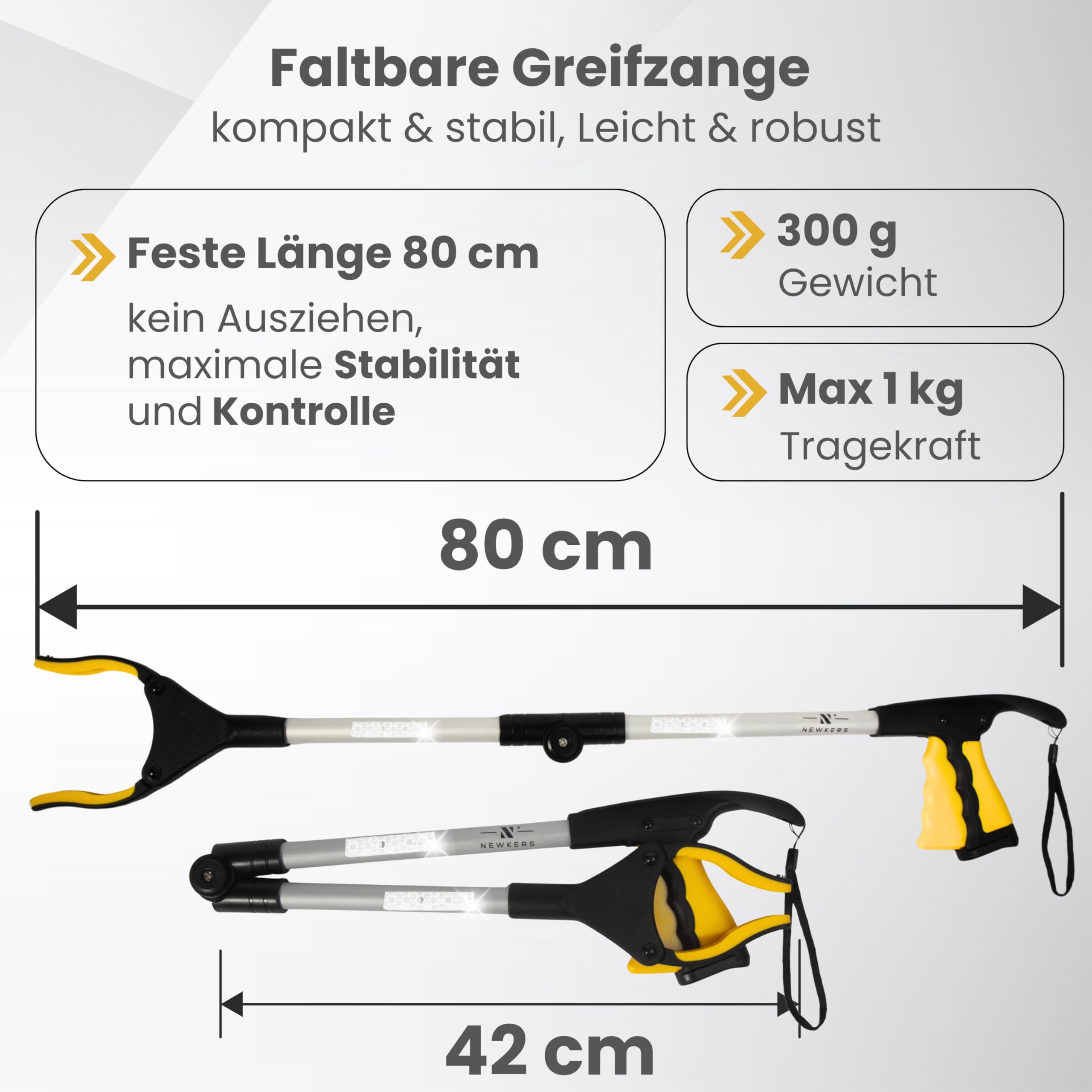 Greifzange für Senioren [80 cm] faltbarer Greifer zum aufheben | Reacher aus Aluminium | Müllzange 360° Drehkopf Magnet | Schuhlöffel lang | Schuhanzieher für Damen Herren | rutschfeste Silikongreifer