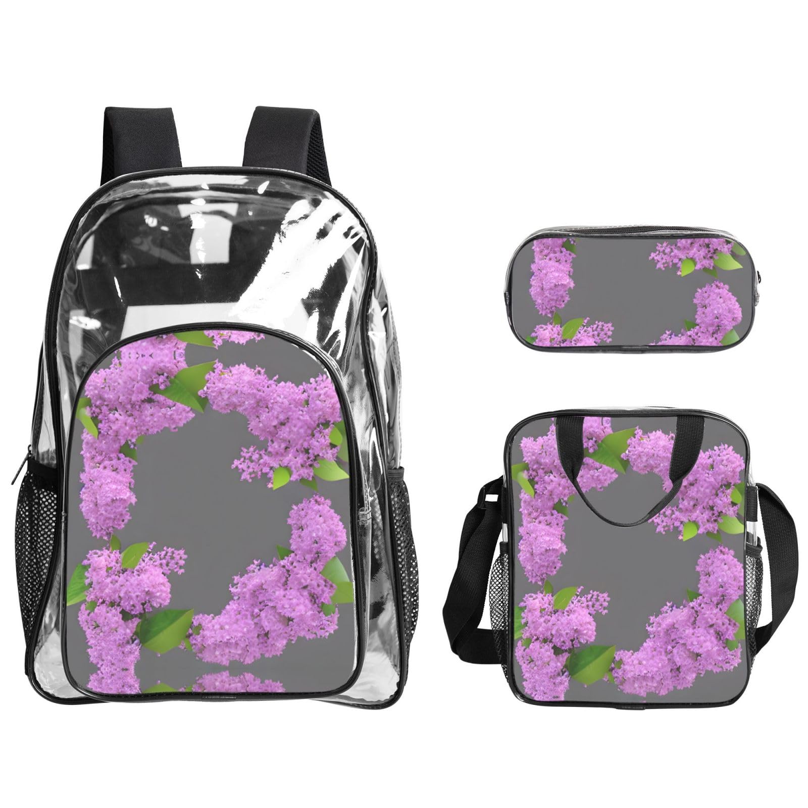 Juego de mochila 3 en 1 con estampado de flores lilas en flor para eventos escolares, trabajo, estadio y transporte diario
