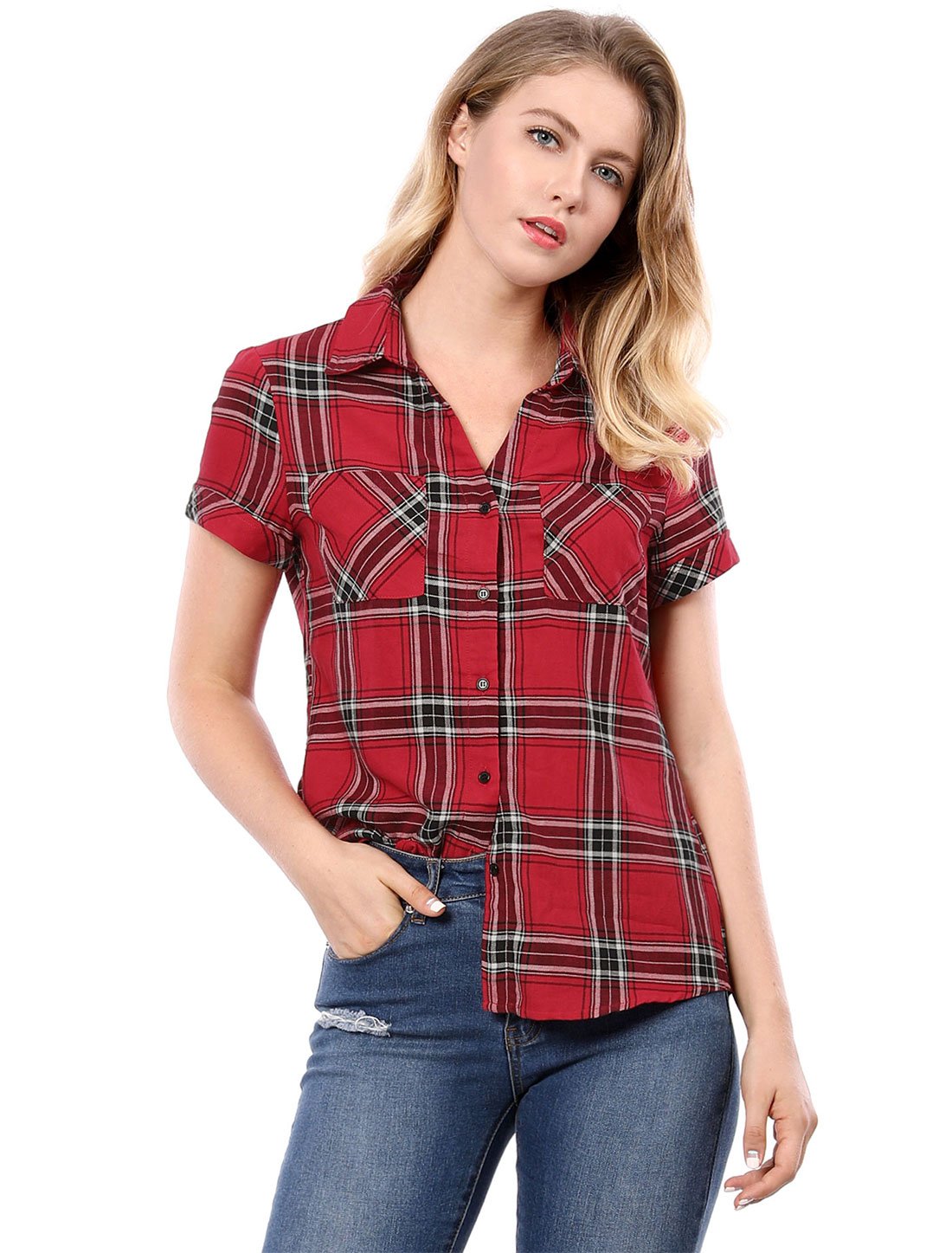 Allegra K Damen Kariertes Hemd Shirt Kariert Kurzarm Classic Oberteil mit Taschen Karo Bluse