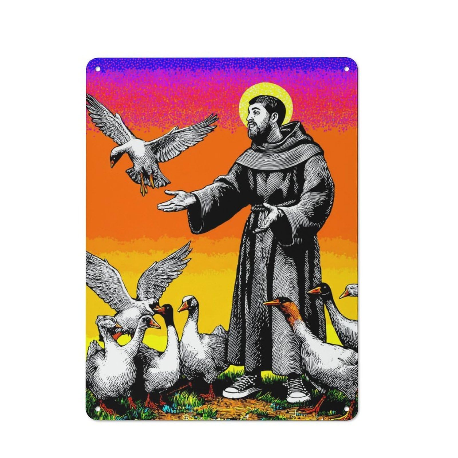 Saint Francis Preaching to Birds Classic Metal Wall Decor 40x30cm, Decorative Tin Plaque for Cafe, Pub, Workshop Or Home Bar