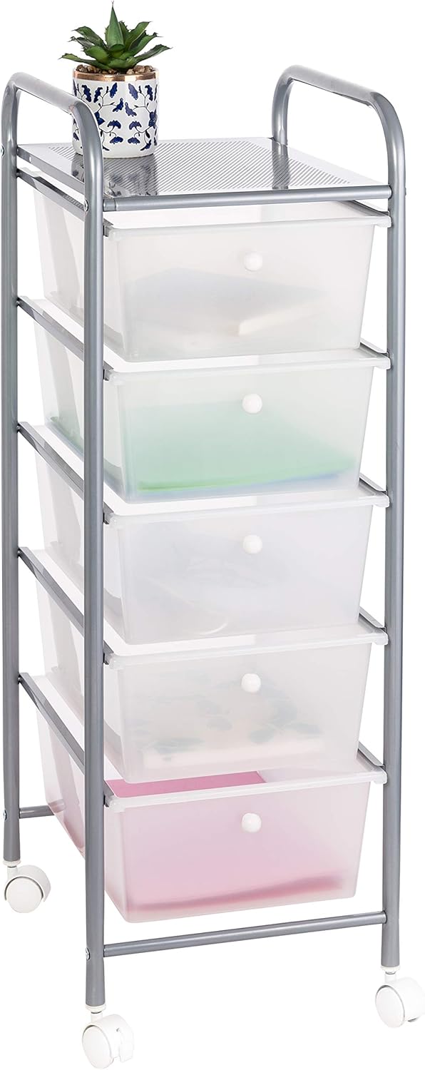 Honey-Can-Do 5-Drawer Rolling Storage Cart with Plastic Drawers, Silver Clear Silver Steel