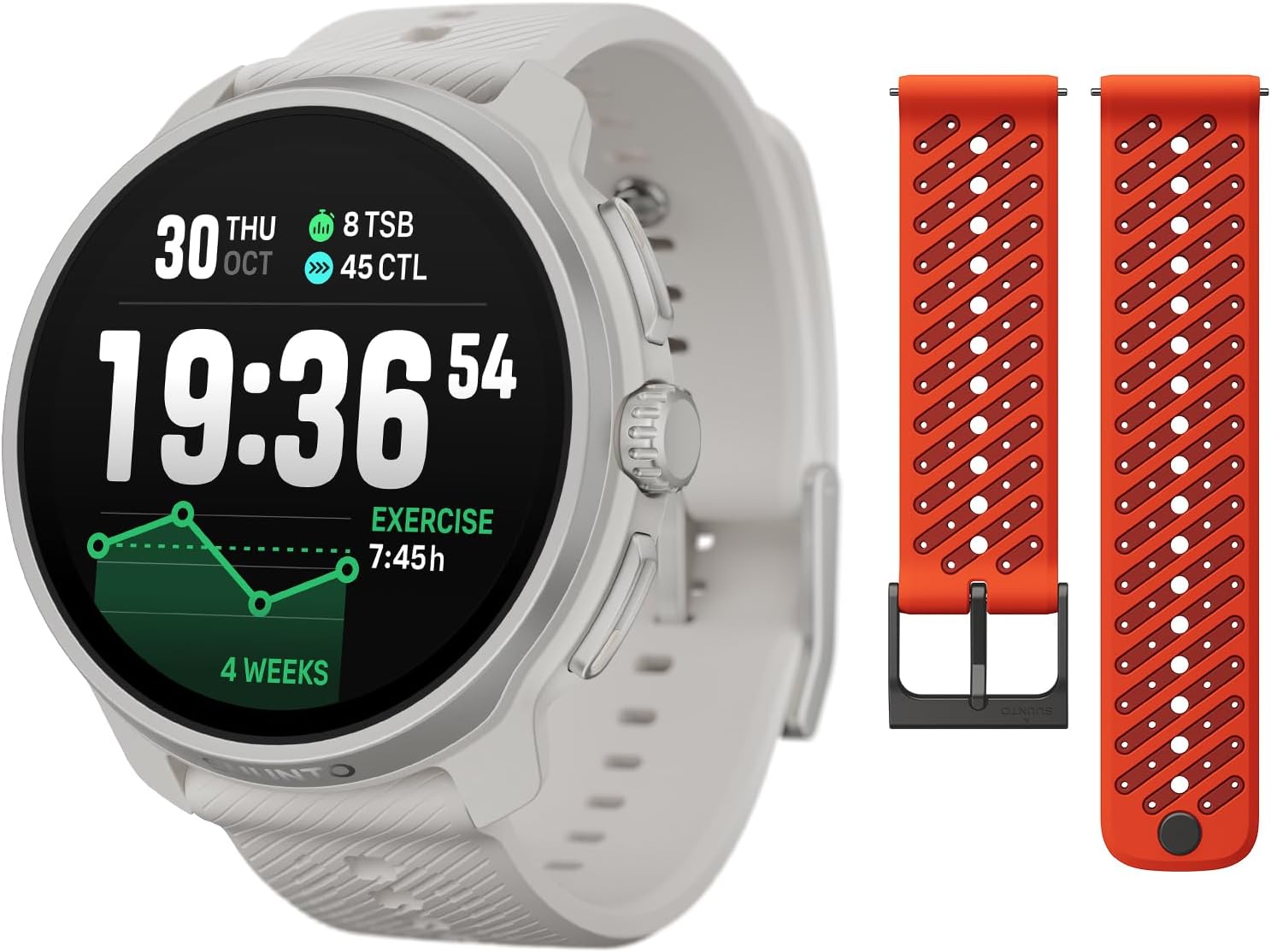 SUUNTO Race 2 GPS Sports Watch, 1.5" AMOLED Touchscreen w/Crown, Feather Gray & SUUNTO 22 ATH8 Silicone Strap Orange S+M