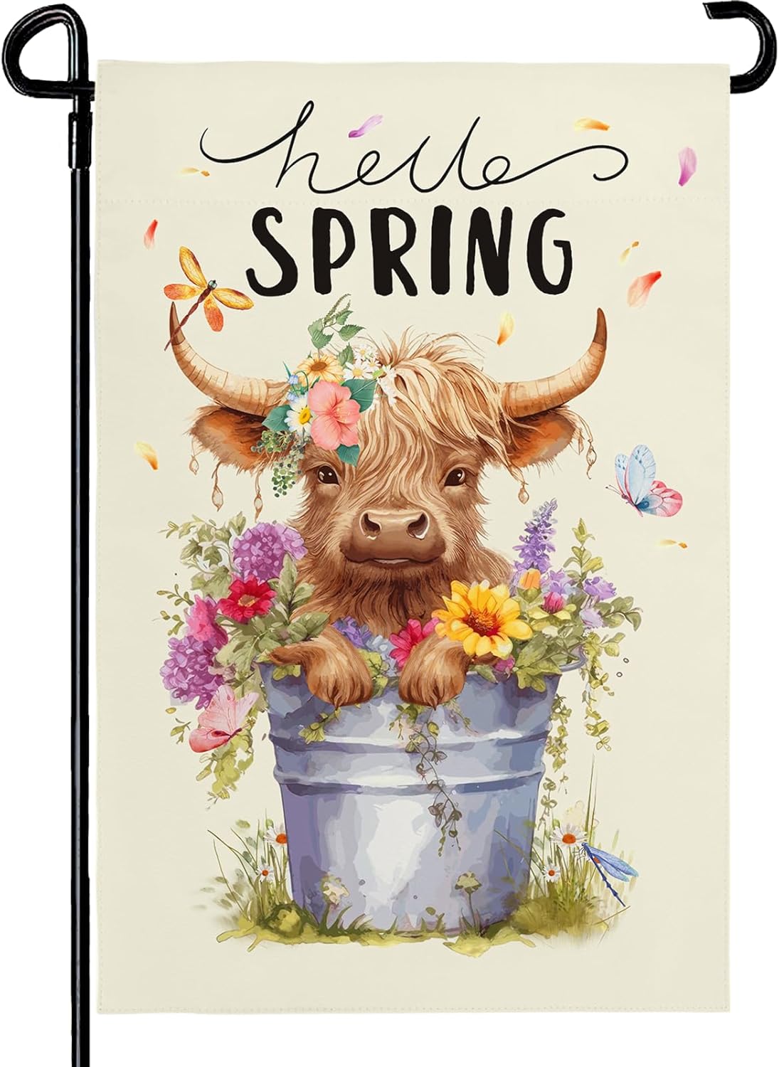 Hello Spring Garden Flag Highland Cow Polyester Yard Flag Double Sided Vertical 12x18 Inch Farmhouse Butterfly Floral Garden Flags Rustic Daisy House Banner for Seasonal Outdoor Decoration