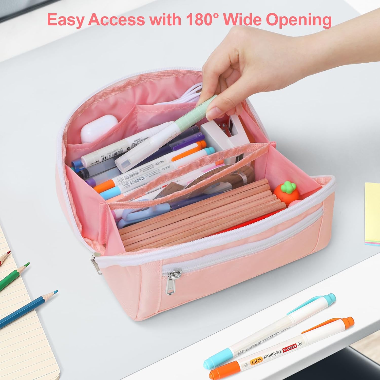 Large Capacity Pencil Case - Pencil Pouch for Teen Girls, Aesthetic Pouch Organizer with 8 Compartments, Wide Opening Marker Bag for Middle High School College, Fits Calculator, Pink