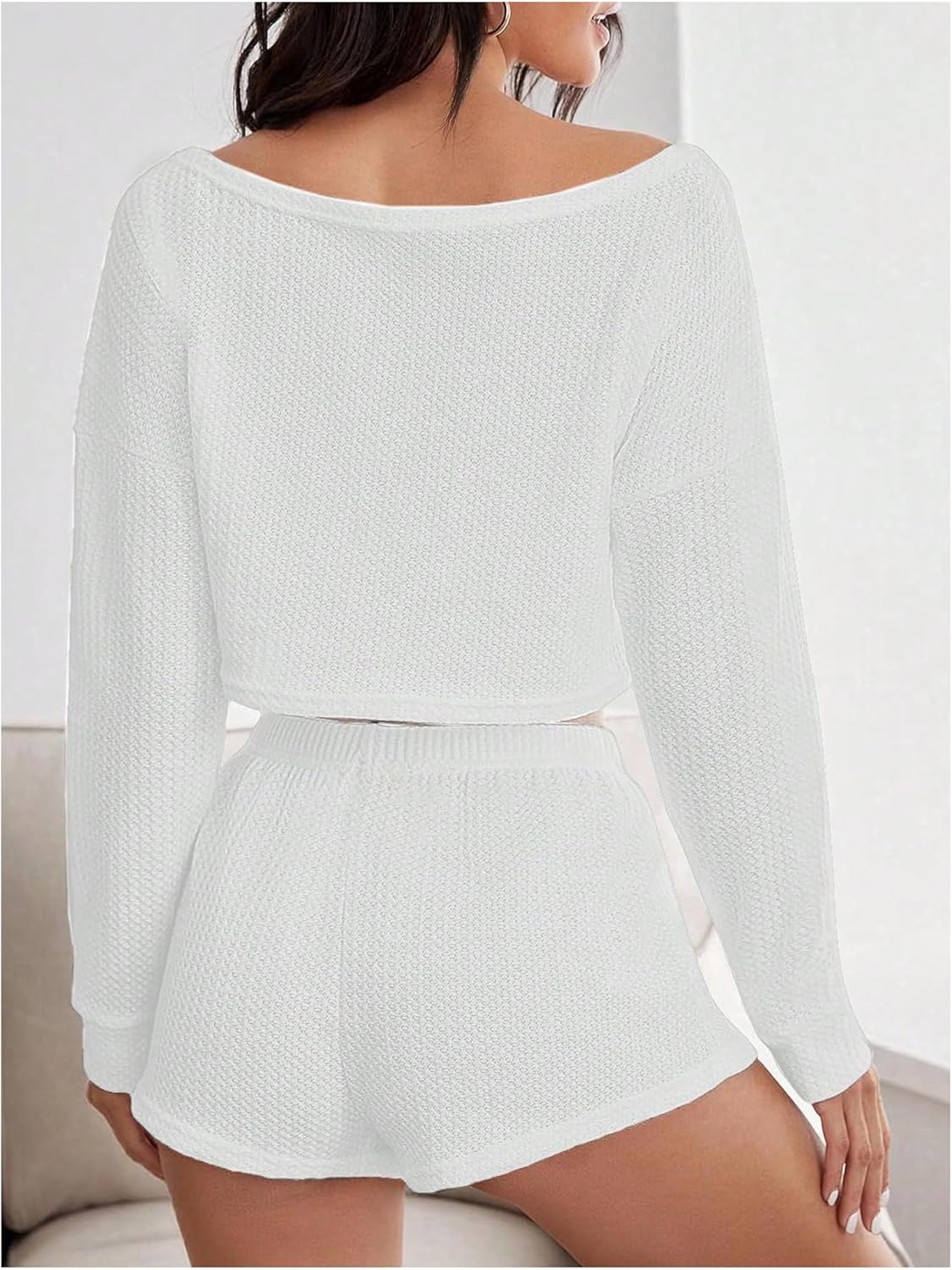 SweatyRocks Women's Off The Shoulder Waffle Knit Pajama Sets Crop Top and Shorts Lounge Set White Medium - Image 3