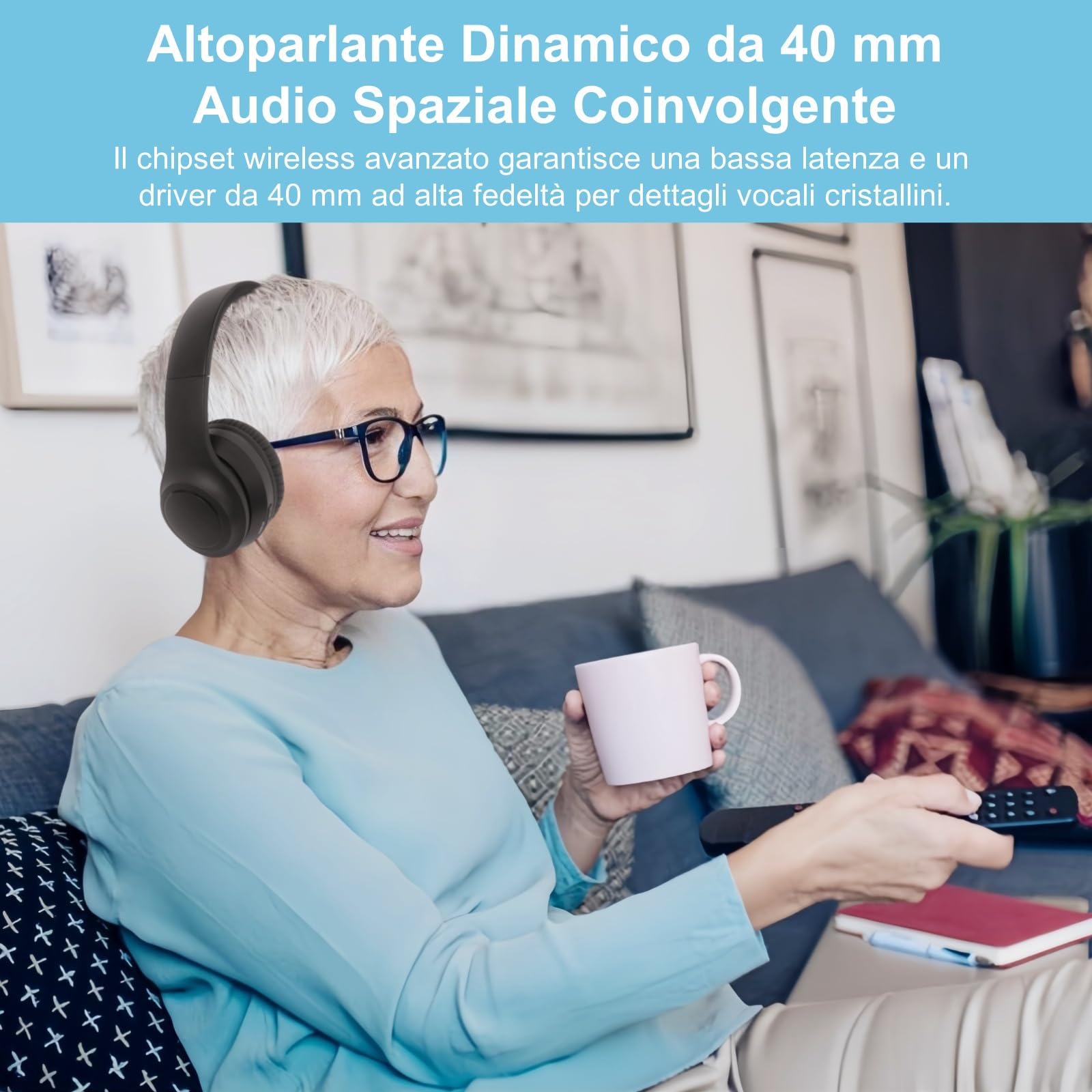 Cuffie TV ANC Senza Fili, Cuffie Pieghevoli da Viaggio, Con Trasmettitore Bluetooth per Ottica (Toslink)/Coassiale/RCA/AUX/3,5 mm/USB TV Uscita Audio, Cuffia TV Senza Fili per Anziani