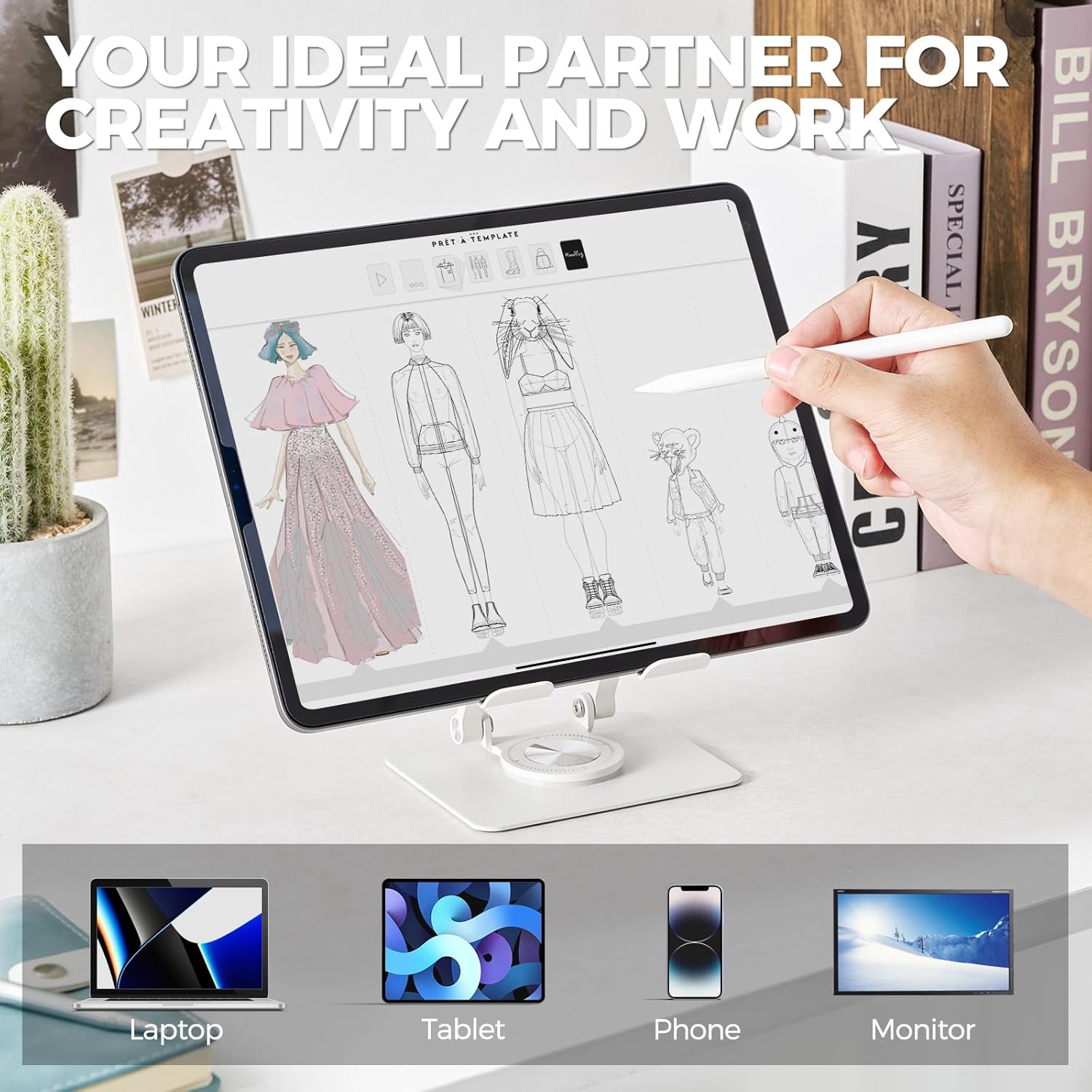 Tablet Stand for Desk, Adjustable Monitor Stand with 360° Rotating Base, Portable Tablet Stand Holder for iPad Pro, Galaxy Tab, Mobile Phone(White)