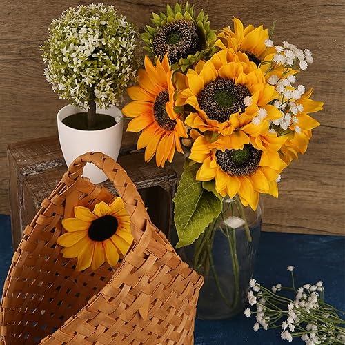 Miniatura 4 de 7 girasoles artificiales, girasoles falsos con 3 gypsophilas artificiales, decoración de girasol de seda sintética para decoración de Acción de