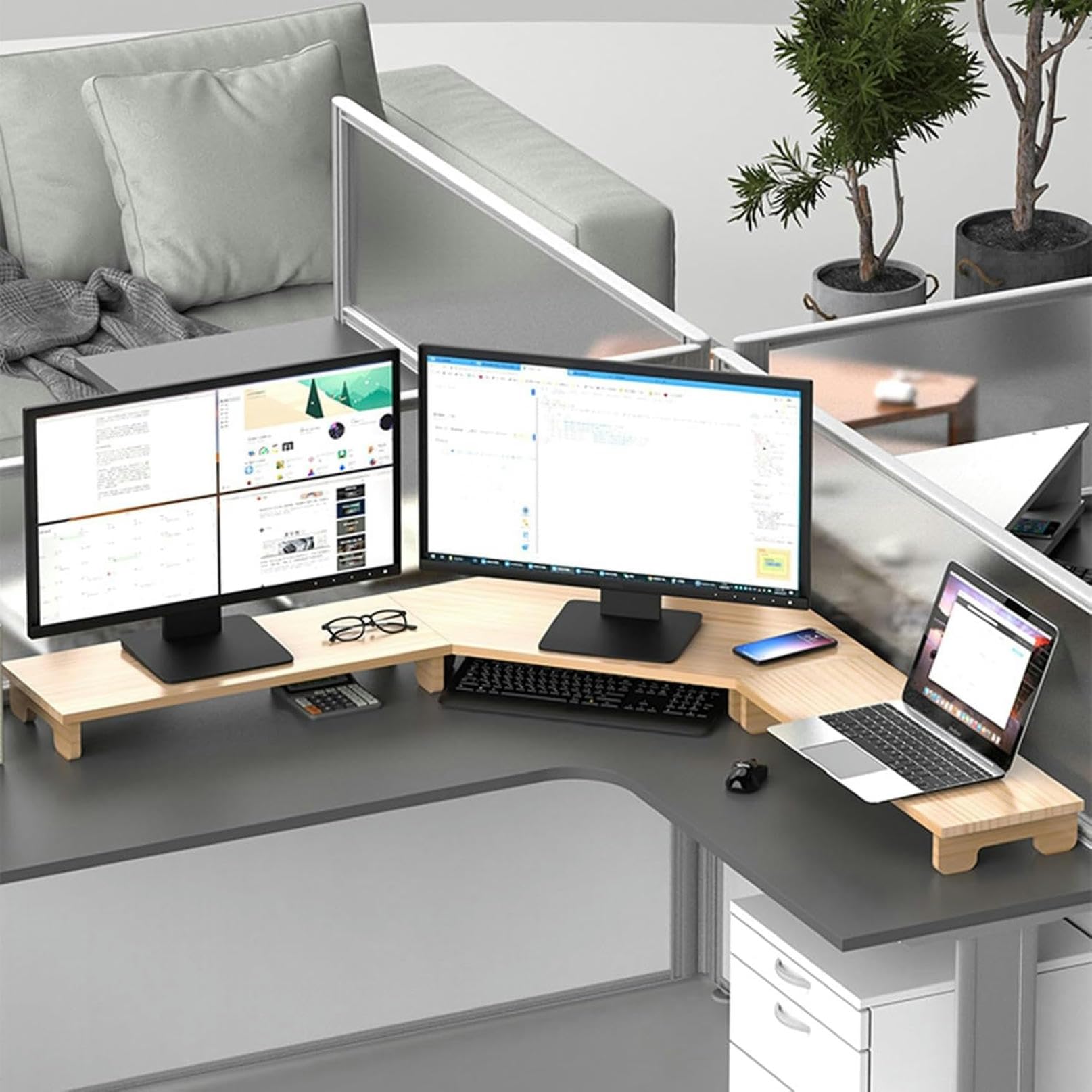 bnjlSDATwr monitor riser， Corner Monitor Stand Desk 3 Riser, Wood Computer Screens Organizer Storage Rack, Laptop Office Tabletop Organization Shelf,Brown