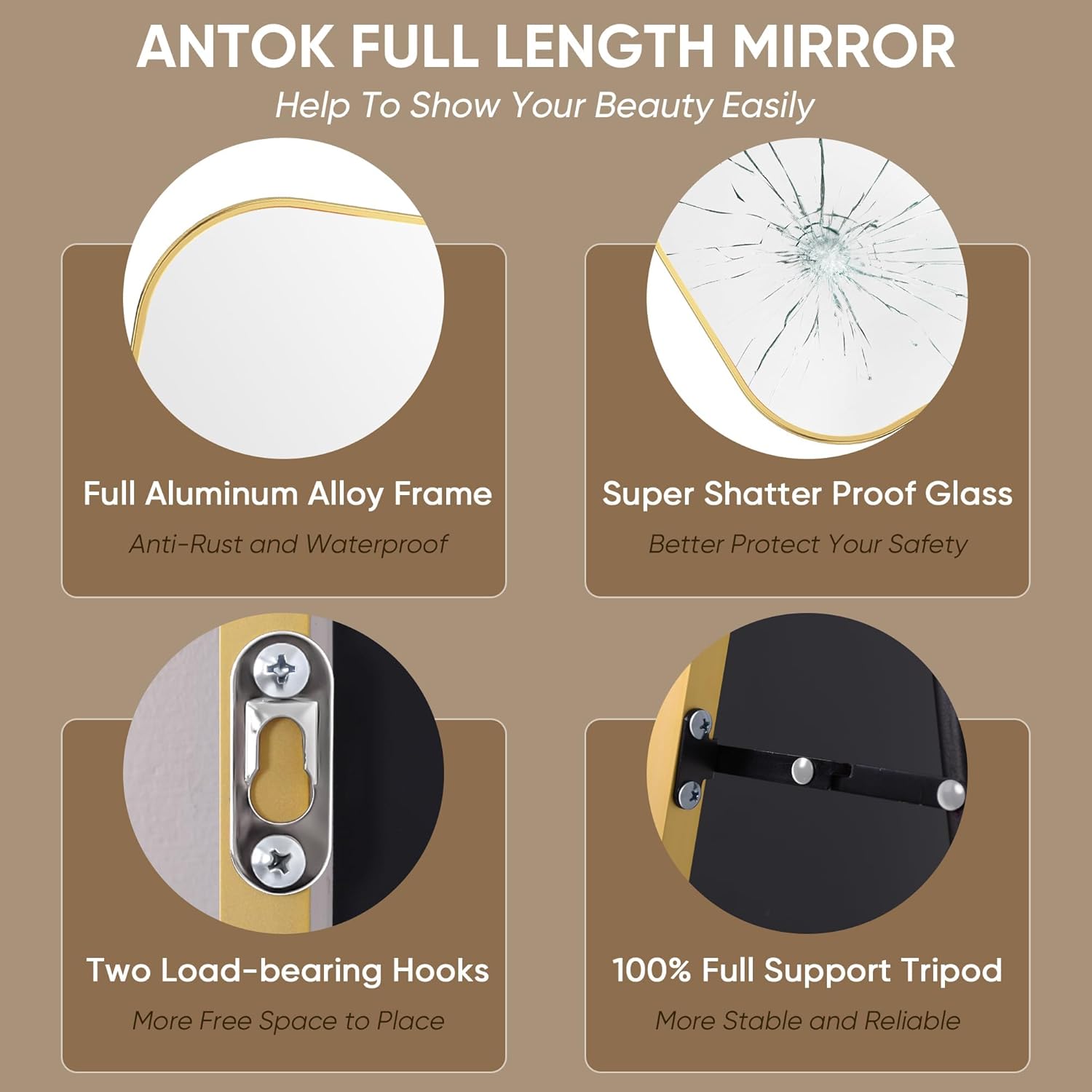 Antok Full Length Mirror, 78"x38" Floor Mirror Freestanding, Arched Floor Standing Large Full Body Mirror with Stand for Bedroom, Hanging Mounted for Living Room, Gold - Image 6