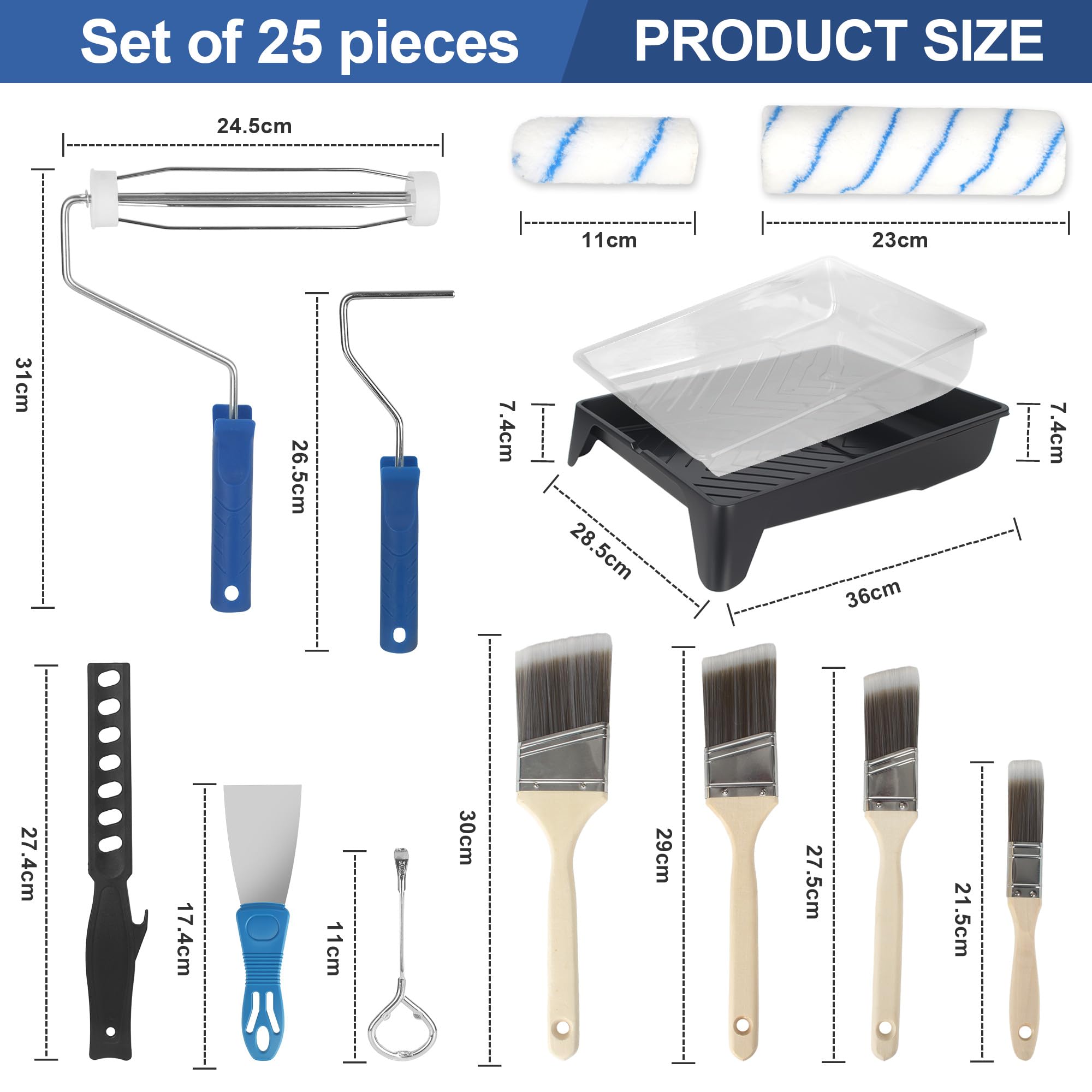Set Rullo Pittura, Kit Verniciatura 25 Pezzi con rullo per pittura, Pennelli e Vaschetta, rullo pittura in Microfibra, rullo per pittura con serbatoio professionale per Verniciare e Rinnovare Pareti
