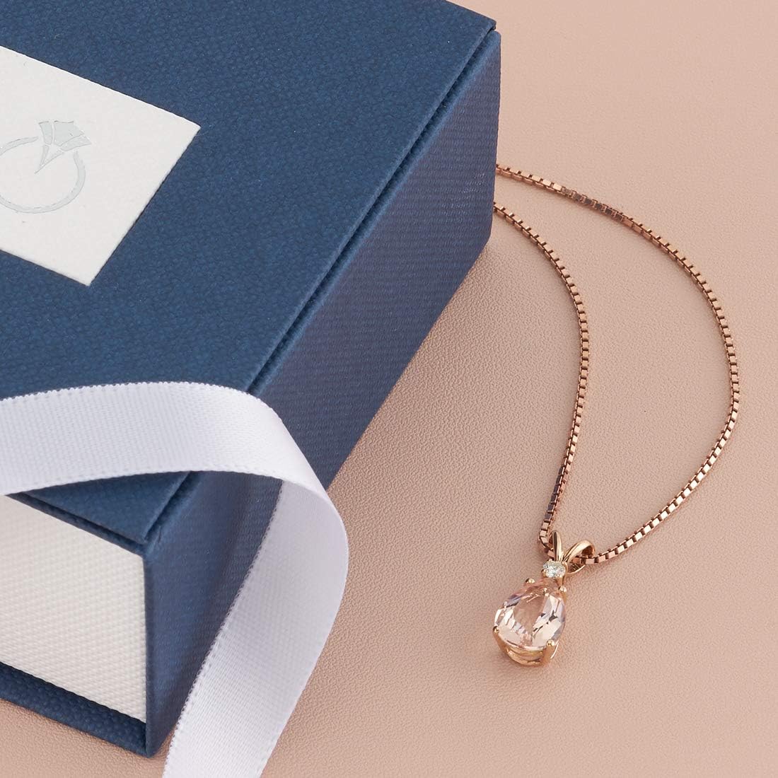 PEORA 14K Rose Gold Morganite and Diamond Pendant, Genuine Gemstone Teardrop Solitaire, Pear Shape, 10x7mm, 1.80 Carats total, 100% Natural & Real, Pretty Peach Pink Morganite, w/Jewelry Box