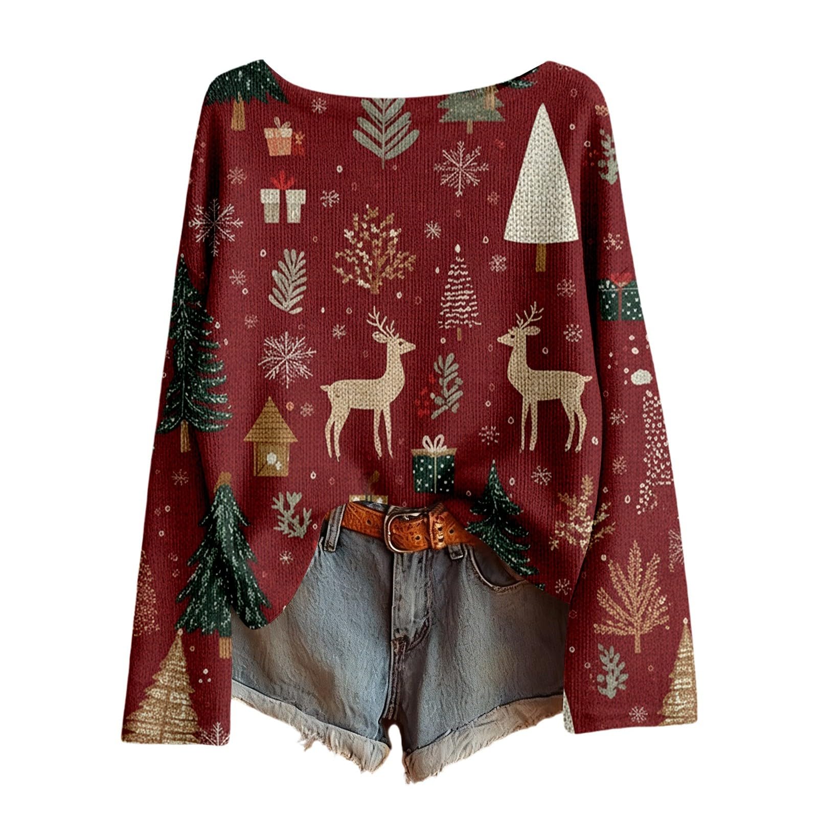 Christmas Sweaters for Women Teen Girls Boat Neck Ugly Sweaters Pullovers Wool Knitted Boho Tops Xmas Holiday Clothes