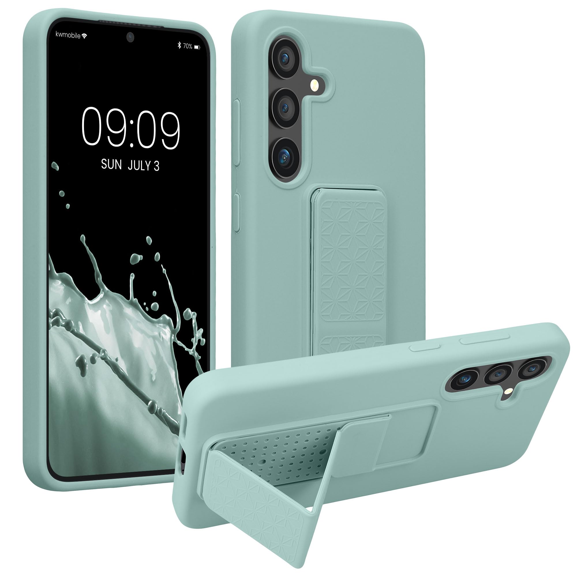 kwmobile Case Compatible with Samsung Galaxy S24 - Case with Hand Strap and Stand Soft TPU Silicone Coating - Mint