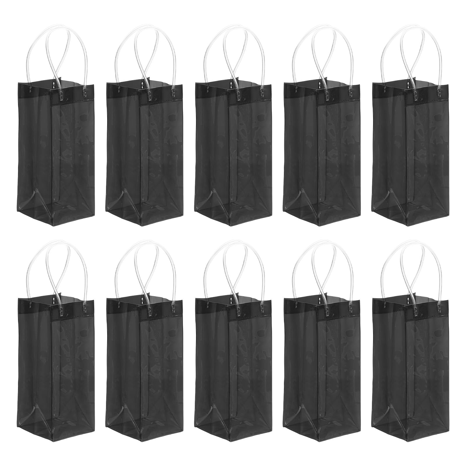 PATIKIL Ice Wine Bag, 10 Pcs Portable Collapsible Clear Wine Pouch Cooler Clear PVC Gift Bags with Handles for Champagne Party Outdoor Cold Beer Chilled Beverages, Black
