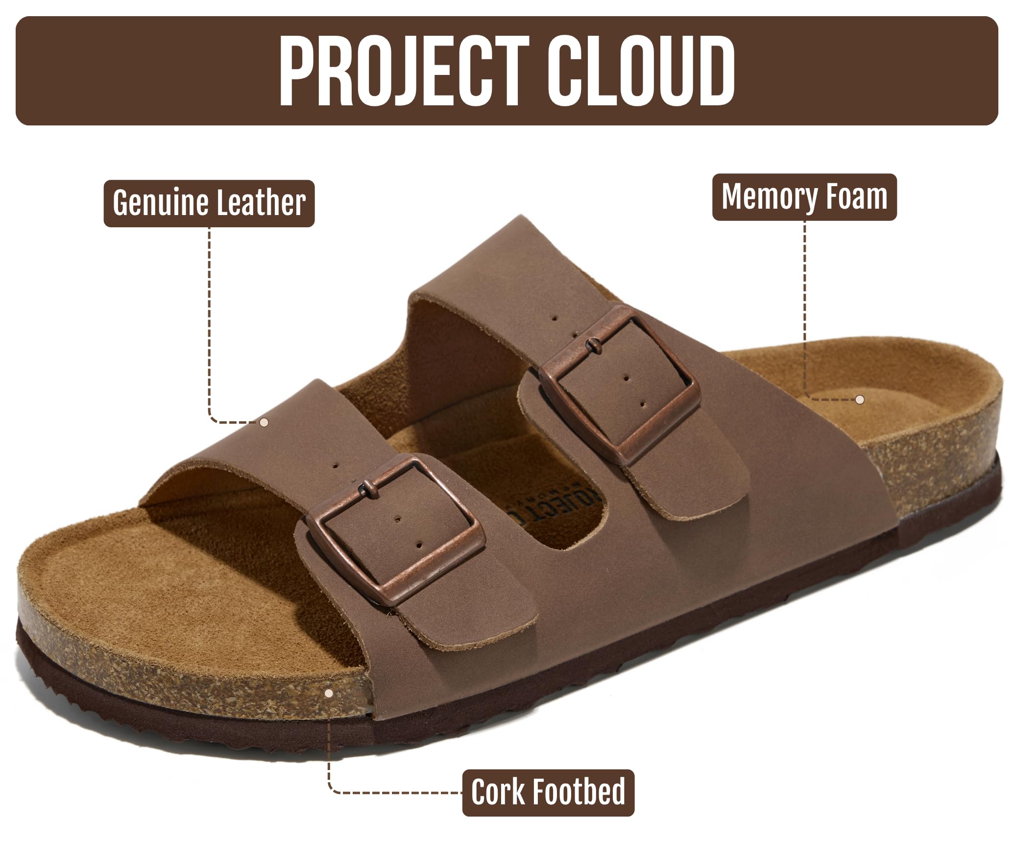 Project Cloud Herren-Sandalen aus echtem Leder mit Memory-Schaum, Naturkork, Fußbett, rutschfeste, Doppelriemenschnalle, Sommersandalen (Arizona)