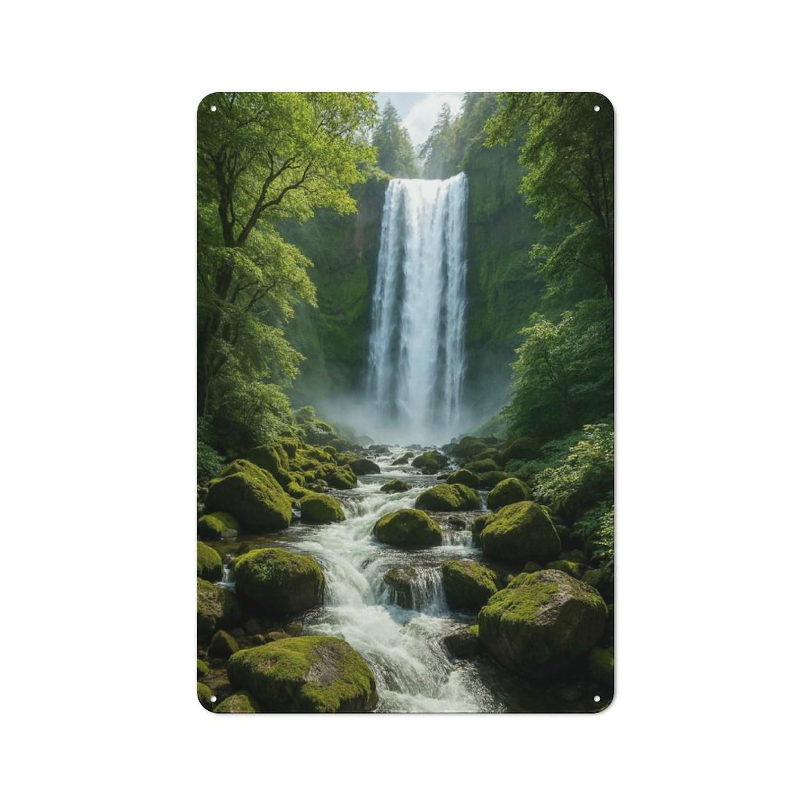Junmoney Style-16 Lush Waterfall Scene Rustic Metal Plaque 30X20cm For Hobby Room Or Studio, For Creative Interior Collectors