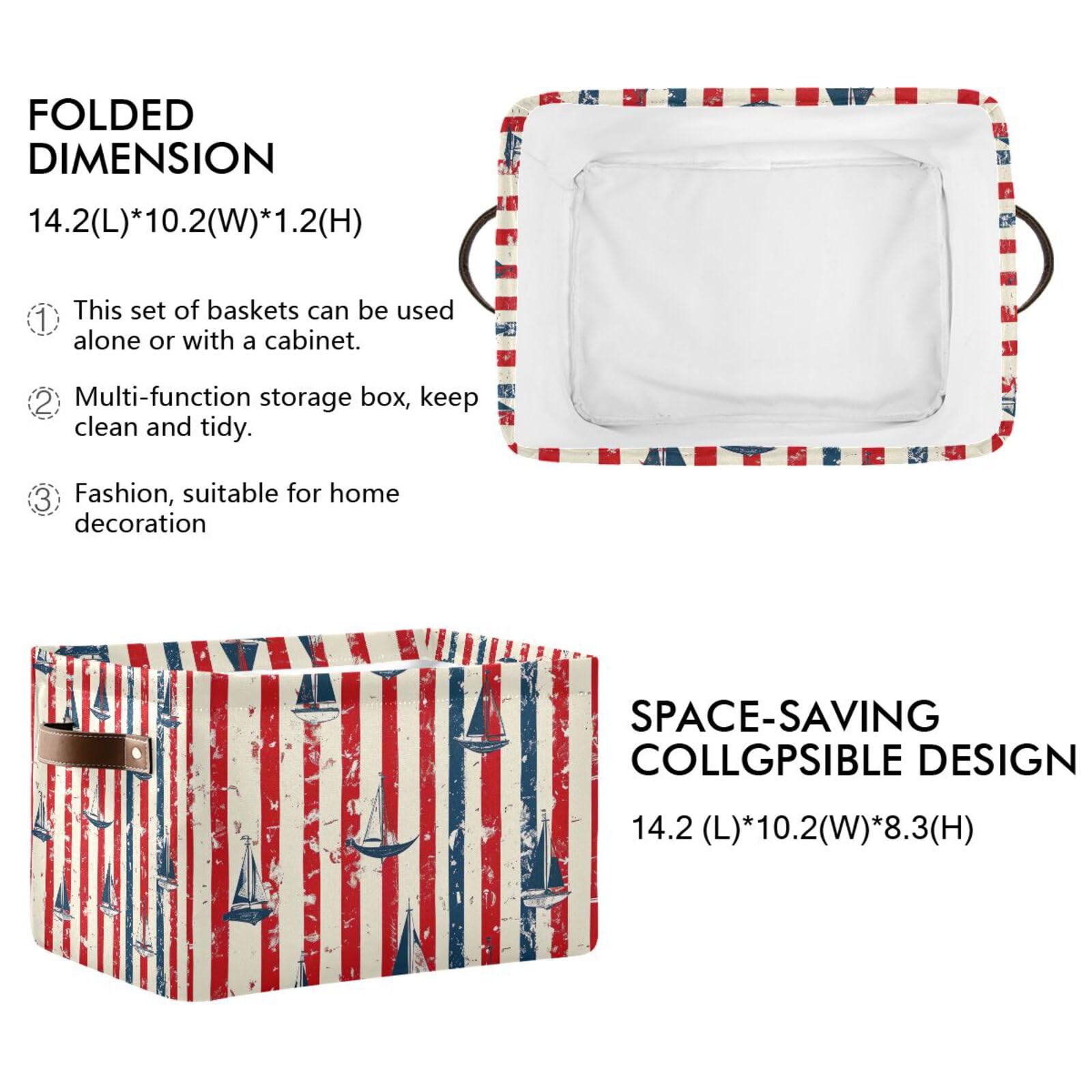 PaChyLuu Vintage Striped Sailboat Storage Basket Bin Canvas Fabric Organizer Toys Basket with Handles for Home Office Nursery, Clothes, Gifts, 2 Pcs