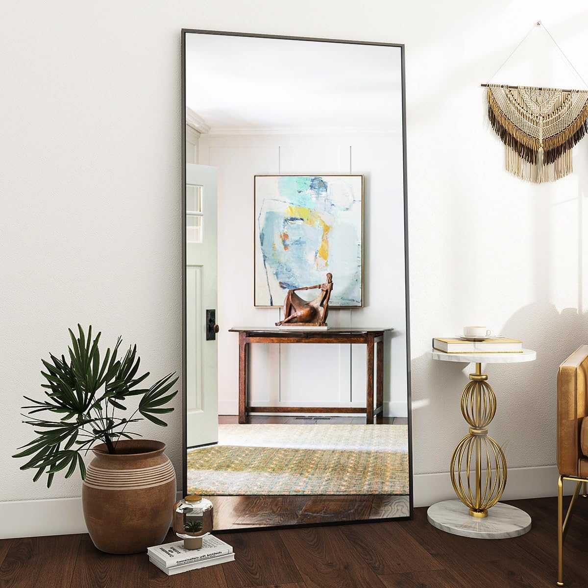 VooBang Mirror Full Length - 21" x 57" Floor Mirror with Stand, Aluminum Alloy Frame Full Body Mirror, Standing Hanging or Leaning Against Wall for Bedroom and Living Room, Black: Black 71"L x 26"W