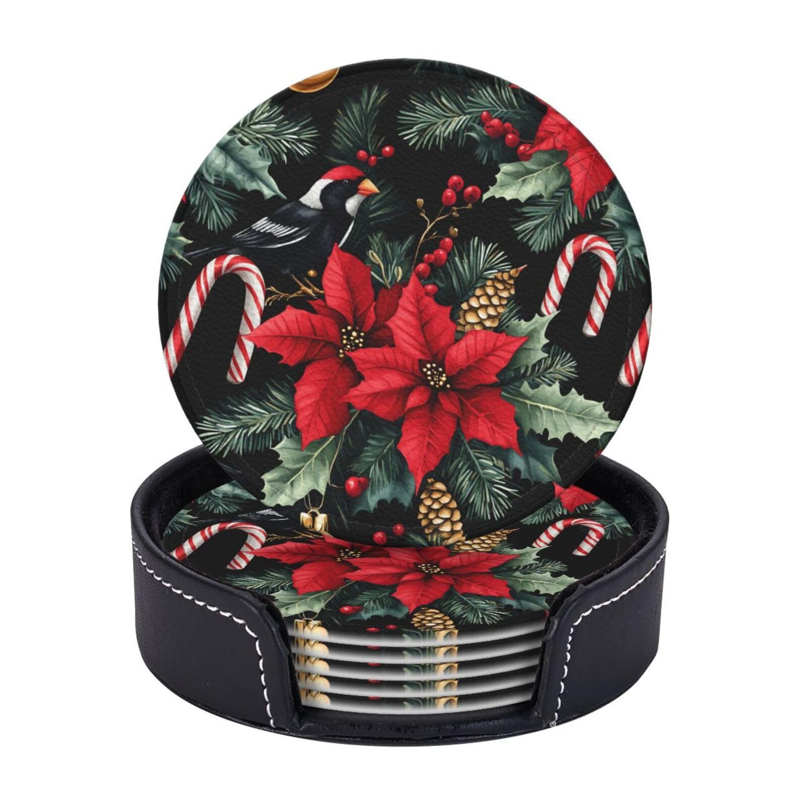 6 Pack Christmas Poinsettia Candy Canes Leather Coasters for Drinks with Holder Sets Winter Xmas Heat Resistant Drink Table Cup Coasters for Kitchen Dining Cafe Holiday Decor Round