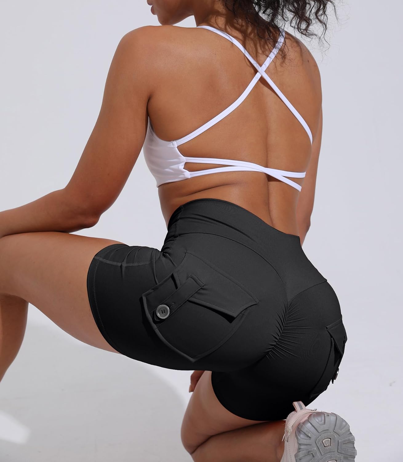 Seamless Yoga Workout Shorts with Pockets for Women High Waisted Scrunch Butt Lifting Athletic Running Shorts - Image 5