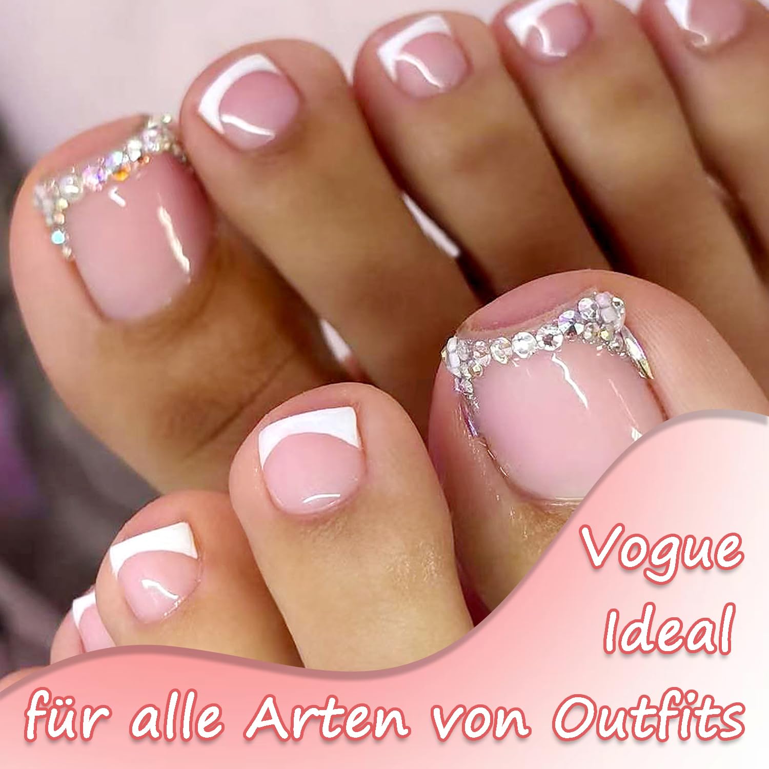 24 sztuki francuskich paznokci do pedicure, brokatowe, krótkie, kwadratowe, francuskie paznokcie, całkowicie zakrywające końcówki paznokci, dla kobiet, 12 rozmiarów (białe paznokcie)