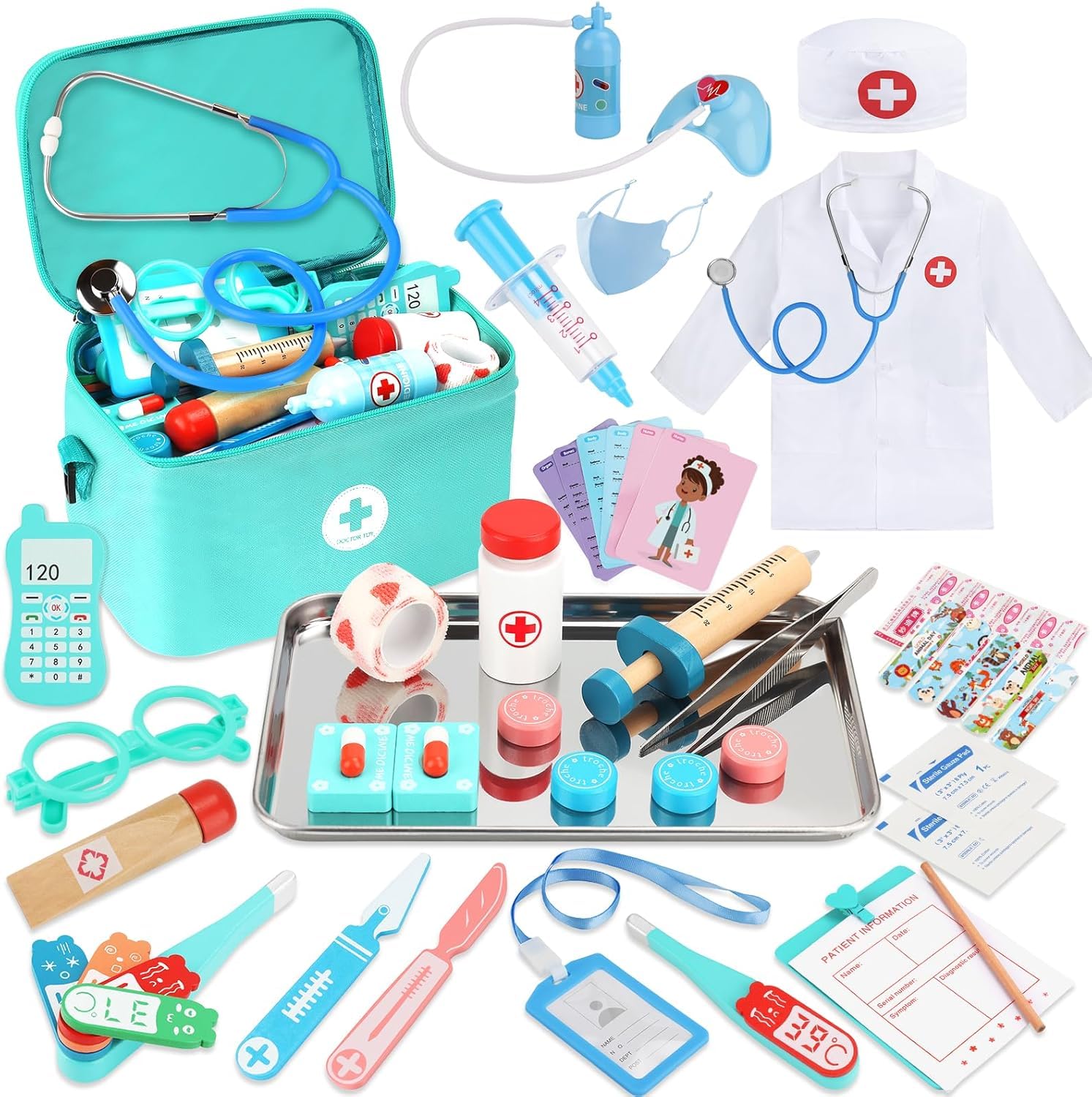 Malette Docteur Enfant,Kit de Médecin Jouets Déguisement de Docteur Accessoires en Bois avec Stéthoscope,Thermomètre,Capsule,Jeu d'imitation Cadeau pour Fille Garçon Enfant 3+ Ans - Vert