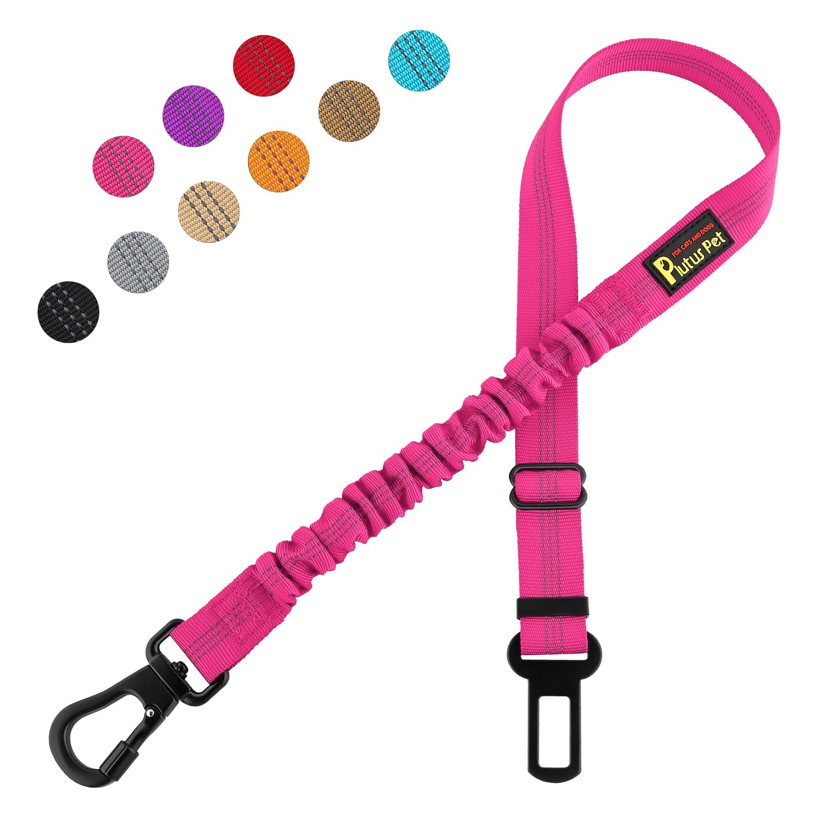 Plutus Pet Dog Seat Belt for Car, Adjustable Dog Car Harness with Carabiner Clip, Reflective Safety Dog Seatbelt Leash with Elastic Bungee, Hot Pink