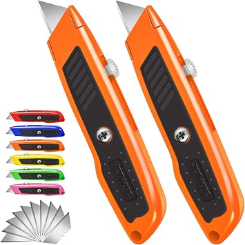 Box Cutter, 2 Pack Utility Knife, Orange Box Cutter Retractable | Utility knives for cardboard, packages, vinyl and carpet, 2 pack box knife with 10 SK5 blades support quick replacement