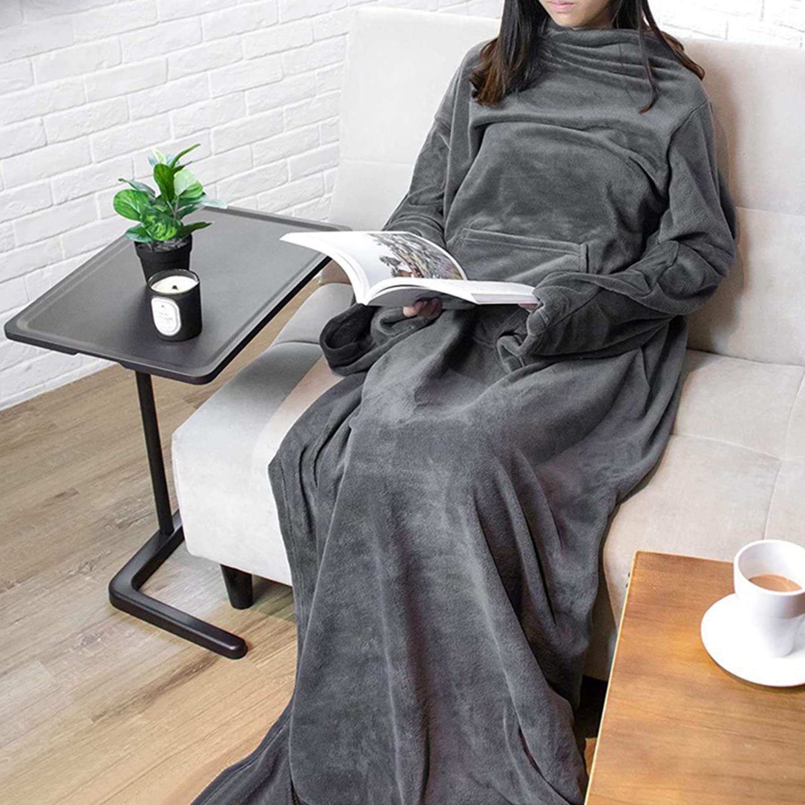 Ergocar Manta usable, Manta con Mangas y Bolsillos, Manta de TV de Franela, Manta de Forro Polar Suave y Gruesa, Caliente y Acogedora Manta para Sofá, Oficina, 150x180 CM