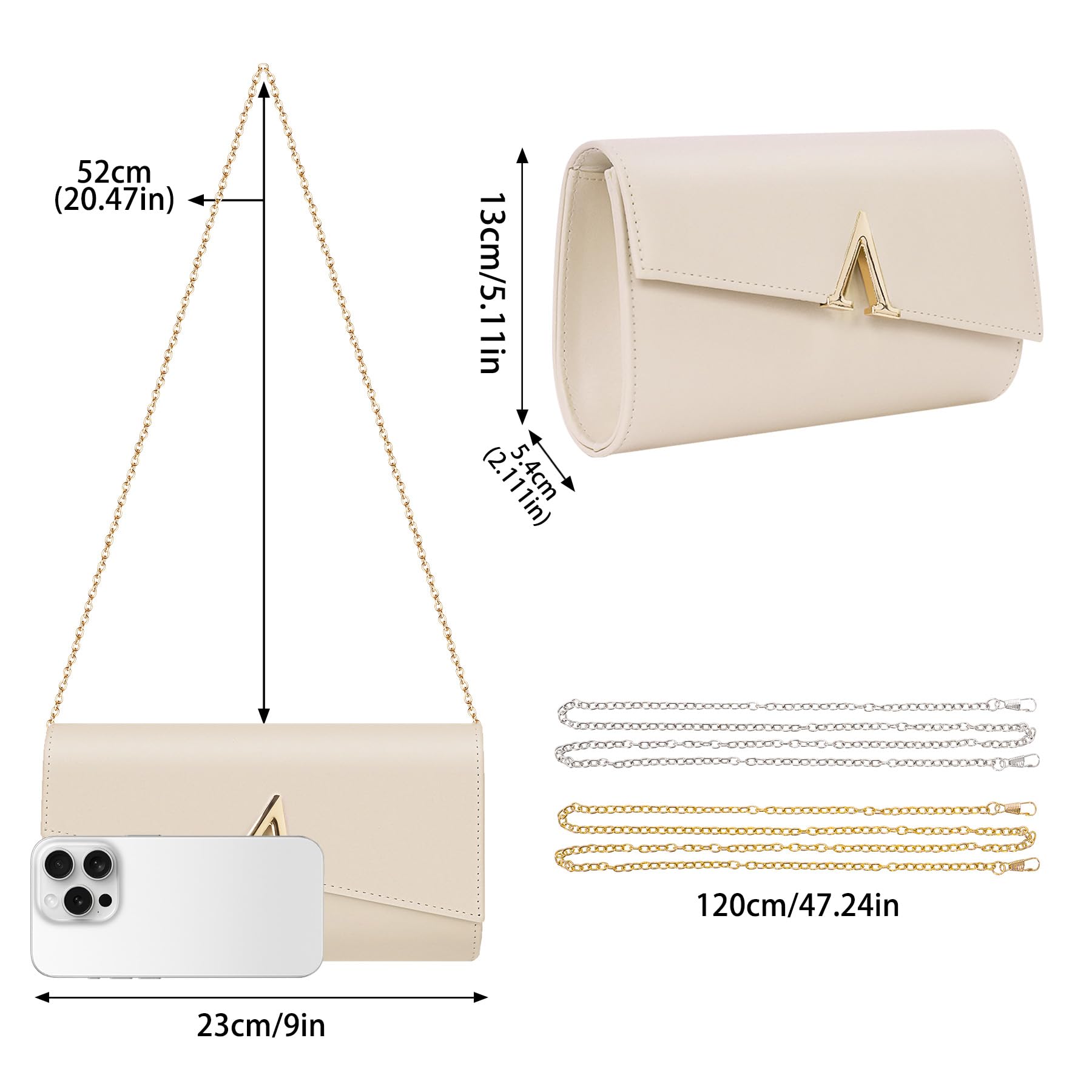 Larcenciel Pochettes et Clutches Femme Nude, Pochette Soiree Femme Élégant en Cuir PU Végétalien avec Chaîne, Sac a Main Crème à la Mode pour Mariage, Fete, Boule, Cocktail, Cérémonie 23x5x13CM