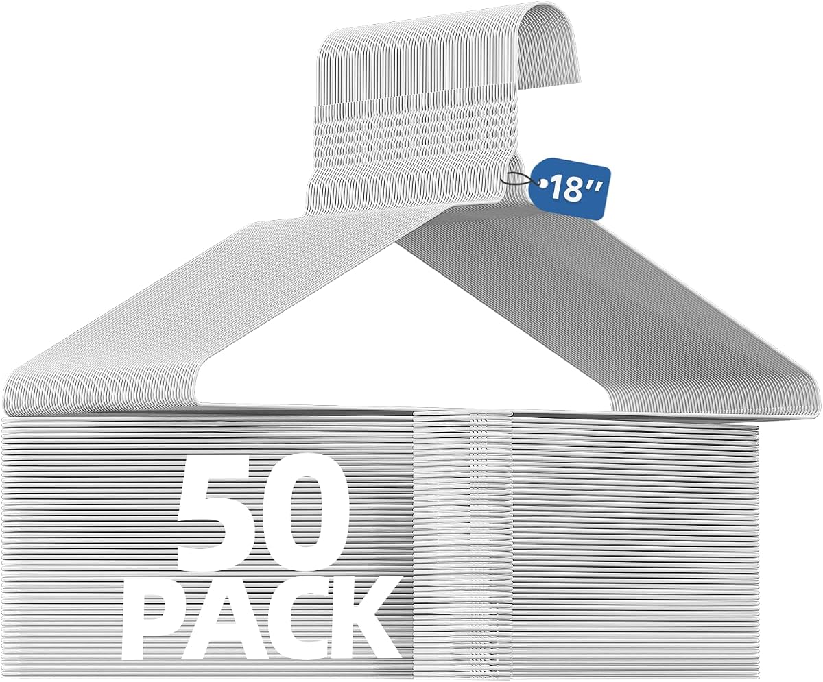 SPECILITE 18” Wire Metal Clothes Hangers Bulk 50 Pack, Ultra Thin, White | 12 Gauge Extra Long for Large Size Suits, Coats, Shirts, Pants, Skirts, Space Saving, Non Slip