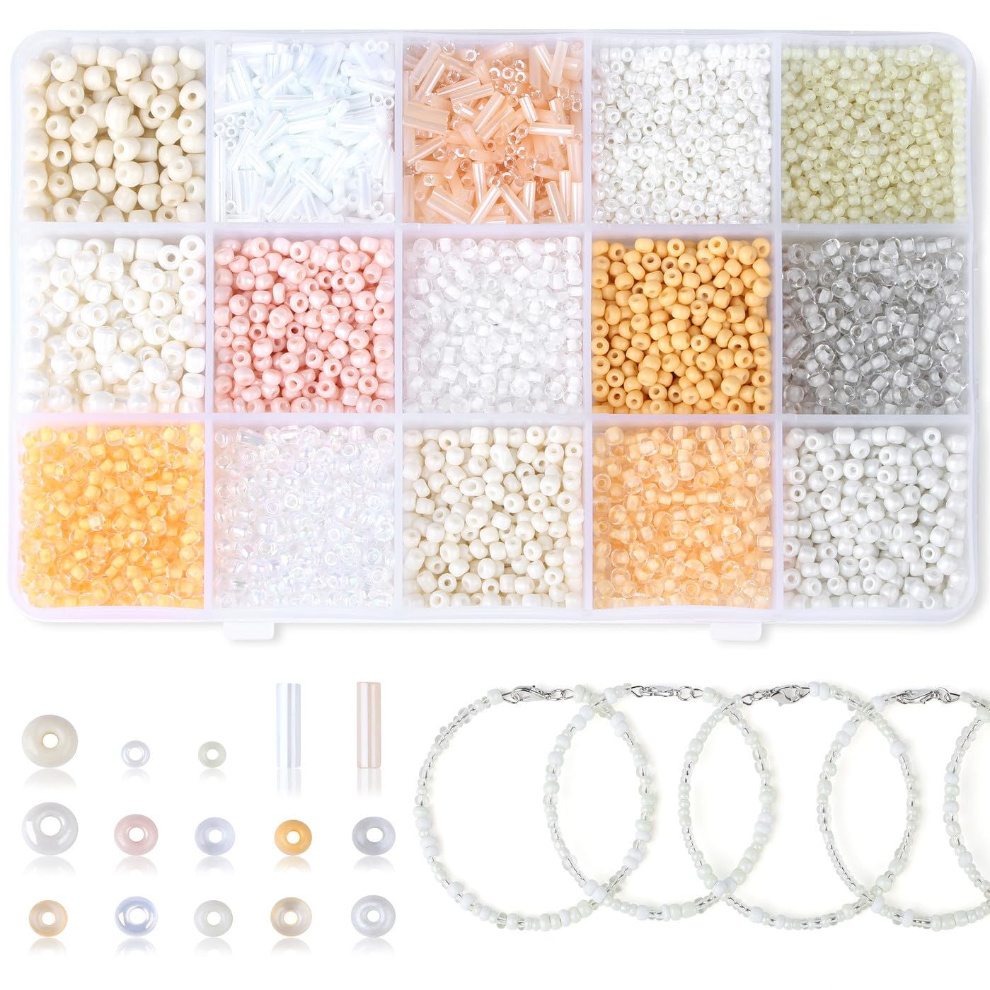 GUJOXILA Ivory Seed Beads Embroidery Beads Kit Bugle Bead for Bracelet Jewelry Making Crafting Ivory Glass Small Seed Beads Set 15 Colour 2mm 3mm 4mm