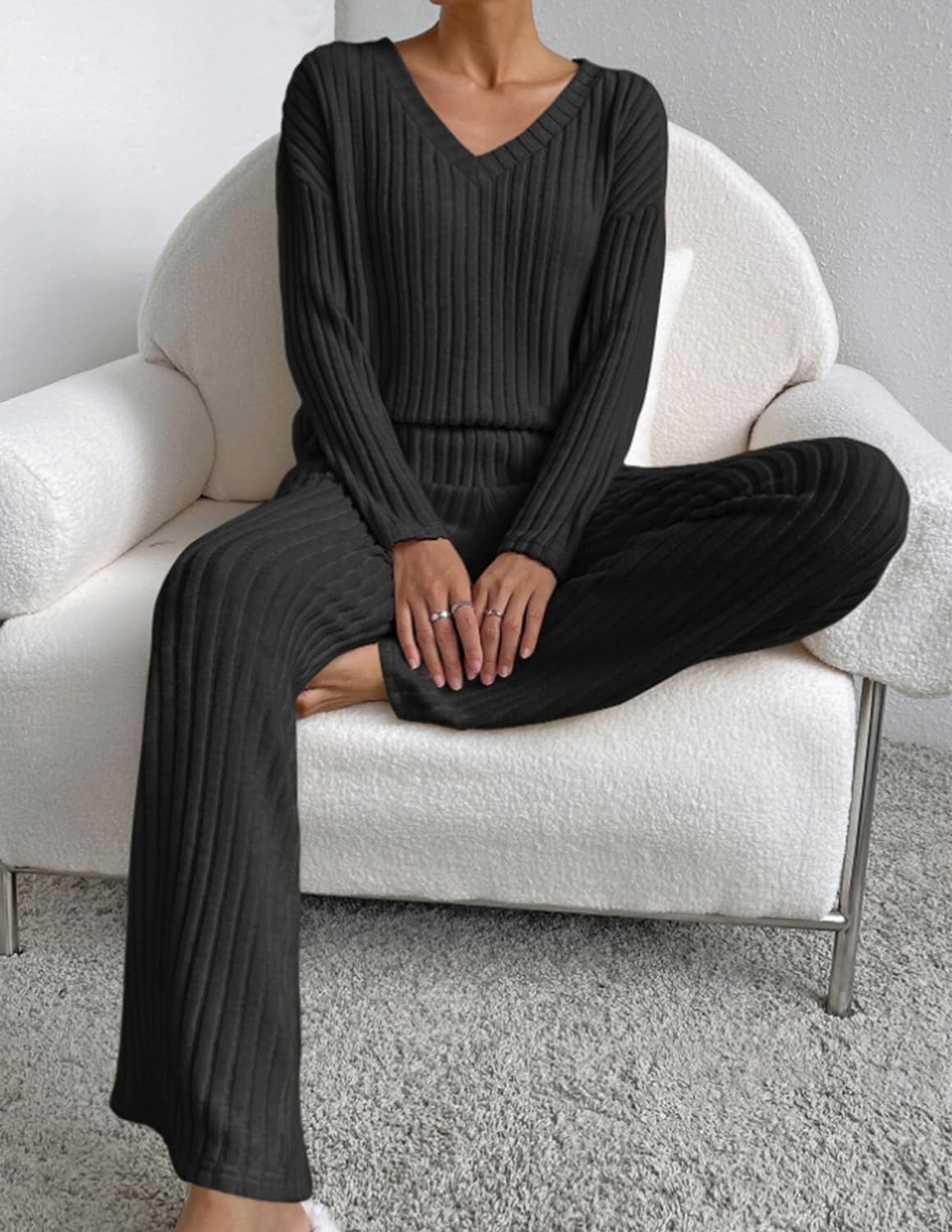Femme Ensemble de Costume 2 Pièces Manches Longue Tricot Côtelé Pantalon Droit Survêtement Col en V Automne Hiver