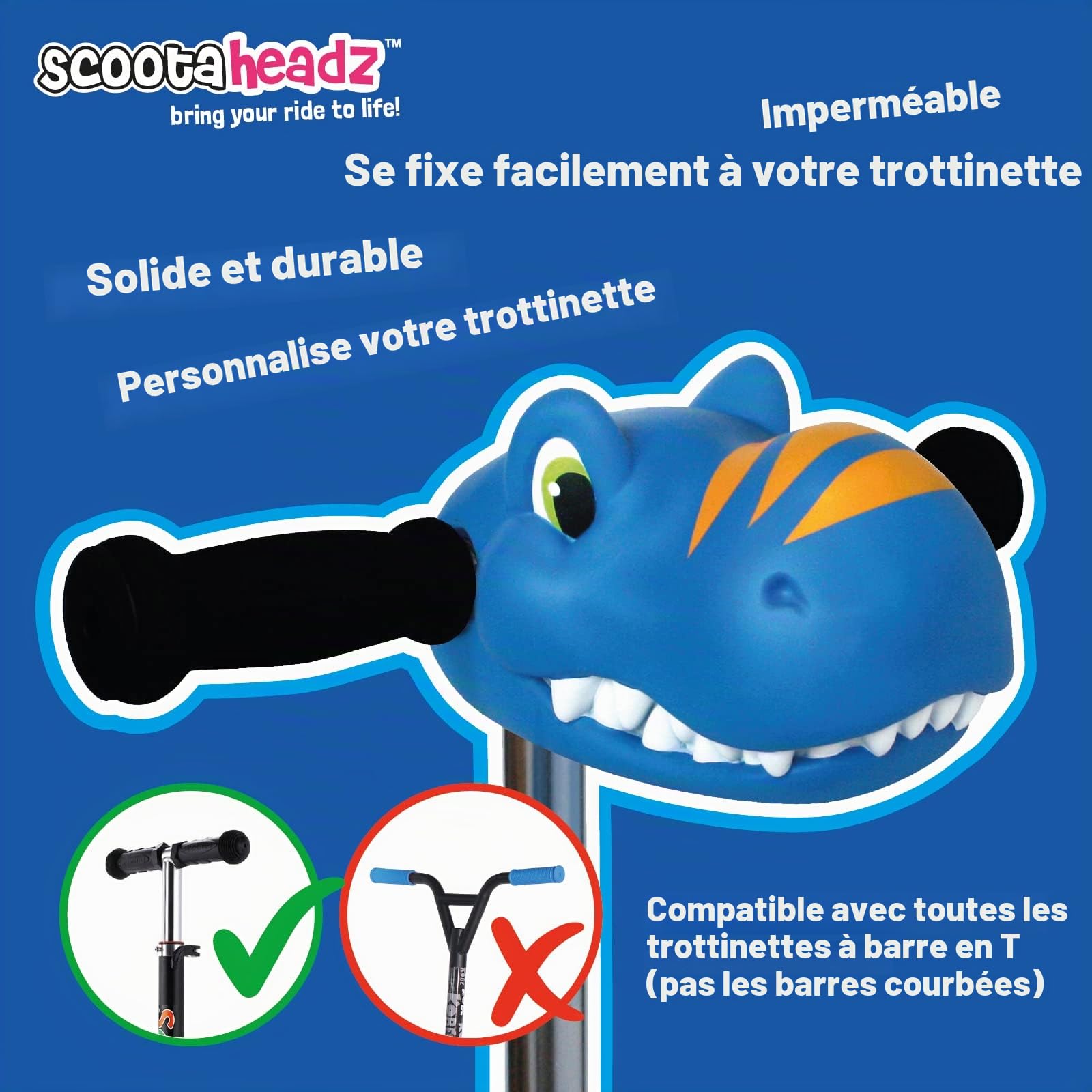 Scootaheadz - Tête de Dinosaure pour Trottinette Enfant - Accessoire pour Trottinette 2 ou 3 Roues - Dino Bleu - Décoration Trottinette Enfant à partir de 3 Ans - Installation Facile sans Outils
