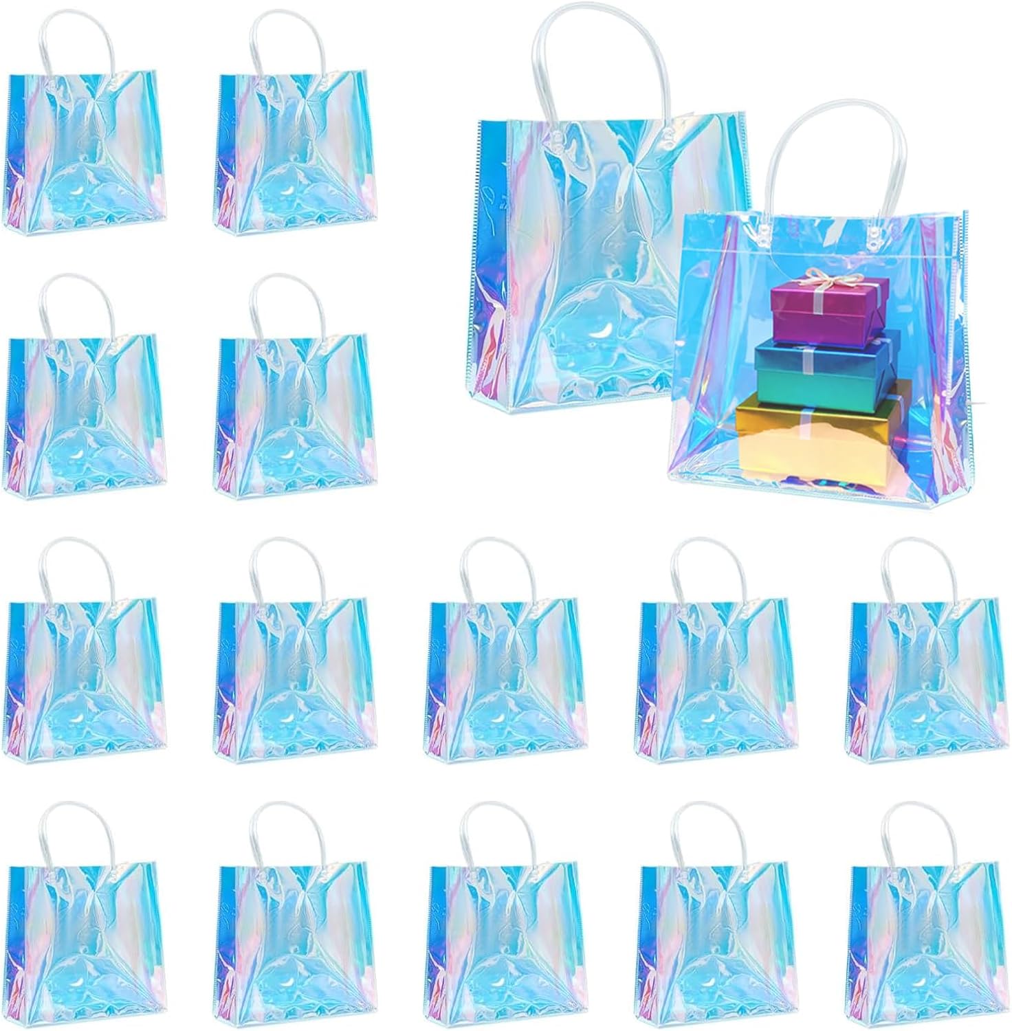 Vankcp 16 PCS Holographic Bachelorette Party Favor Bags, 5.9×6.3×2.8 inch PVC Small Iridescent Gift Bags with Handles,Clear Reusable Iridescent Birthday Gift Bag for Shopping Weddings Party Favors
