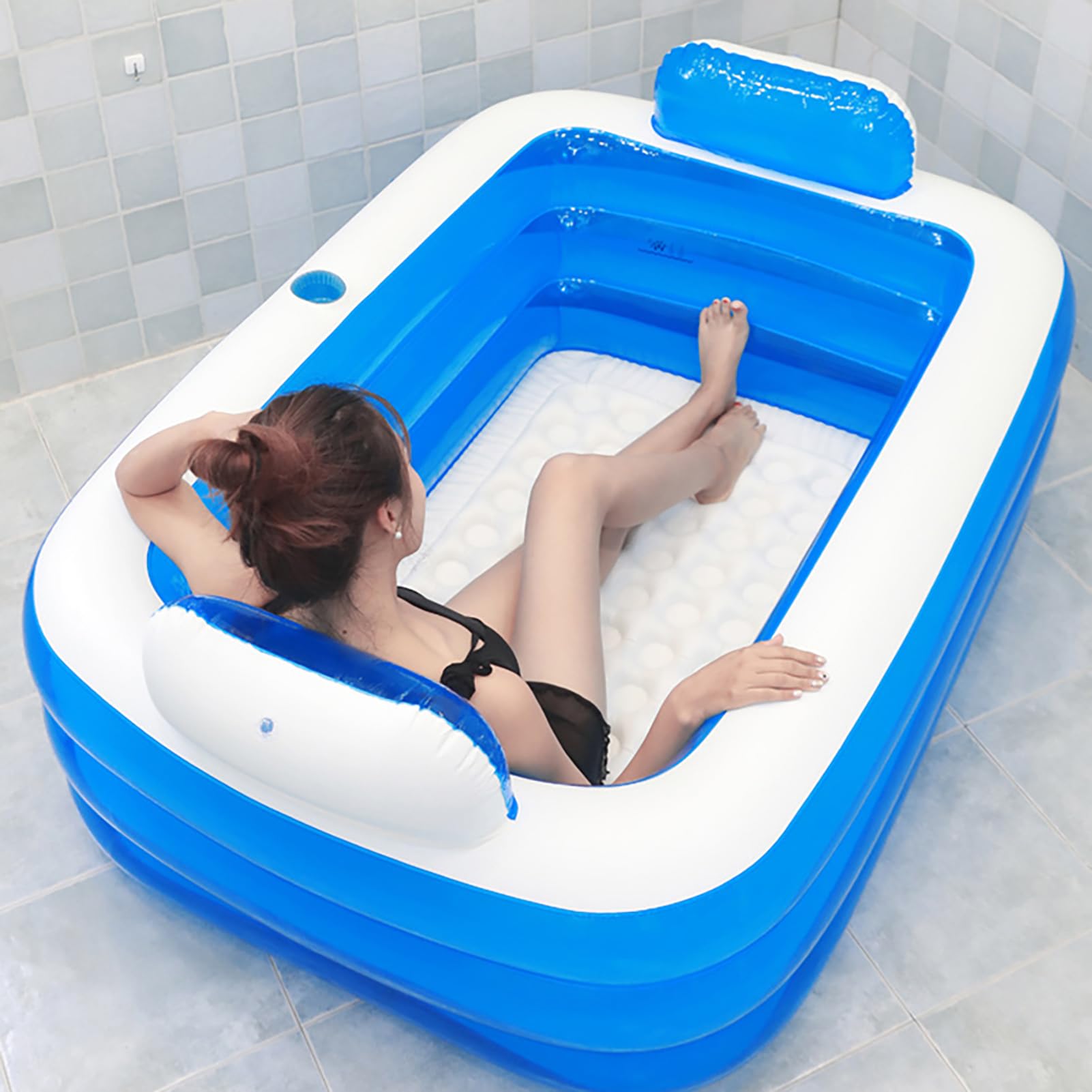 Bañera inflable portátil de spa, bañera de hidromasaje para 2 personas, tamaño adulto con respaldo y drenaje, PVC grueso plegable, para el hogar, al aire libre, viajes, piscinas