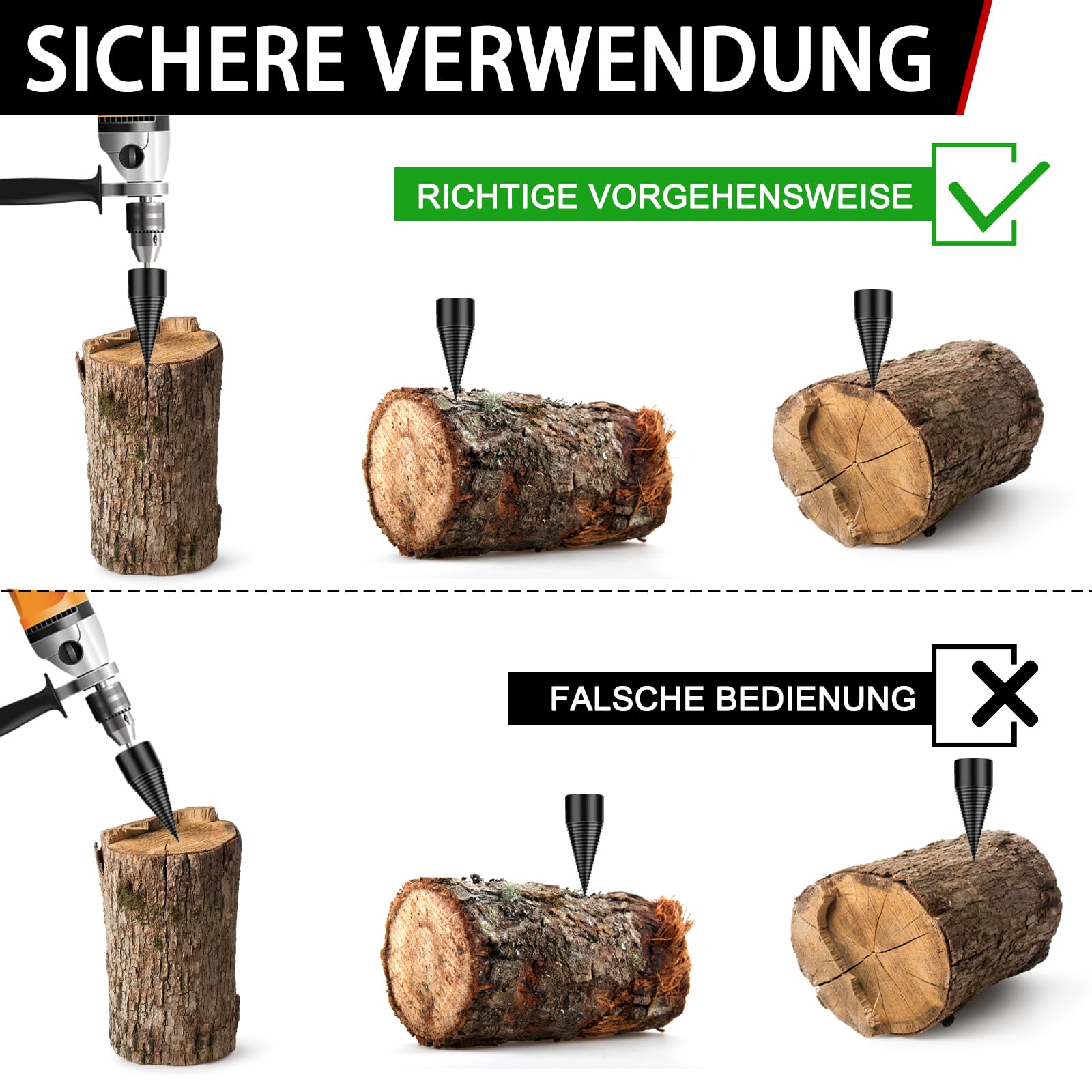 Foret à Bois De Chauffage, Fendeur De Bûches, Cône En Acier Au Carbone Tige Hexagonale Outil De Percage Noir 38 Mm 94986660