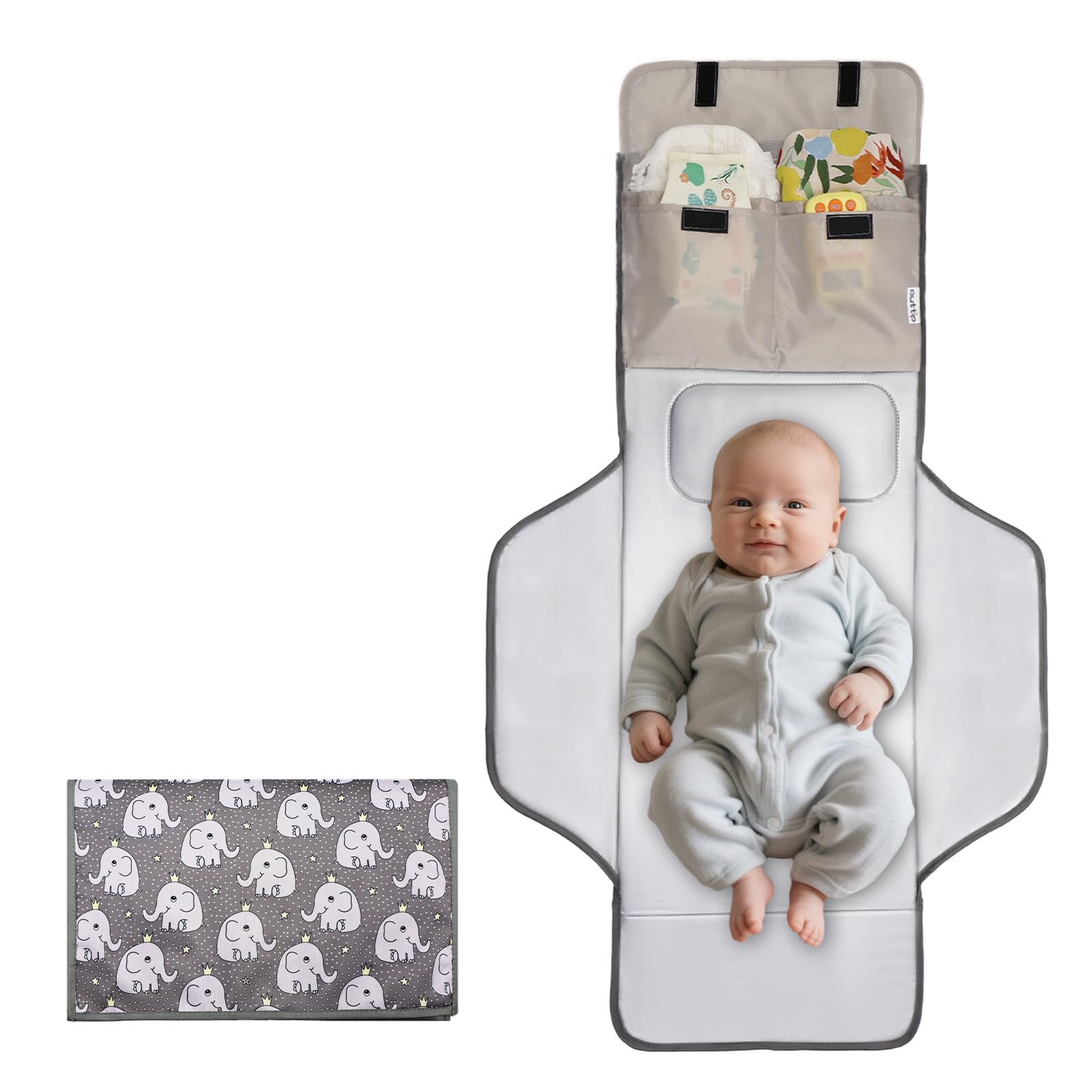 Extra Long Large Lightweight Portable Diaper Changing Mat with Storage Pockets,Swan Waterproof Foldable Travel Changing Pad,On The Go Wipeable Reusable Changing Pad for Car, Diaper Bag (Elephant)