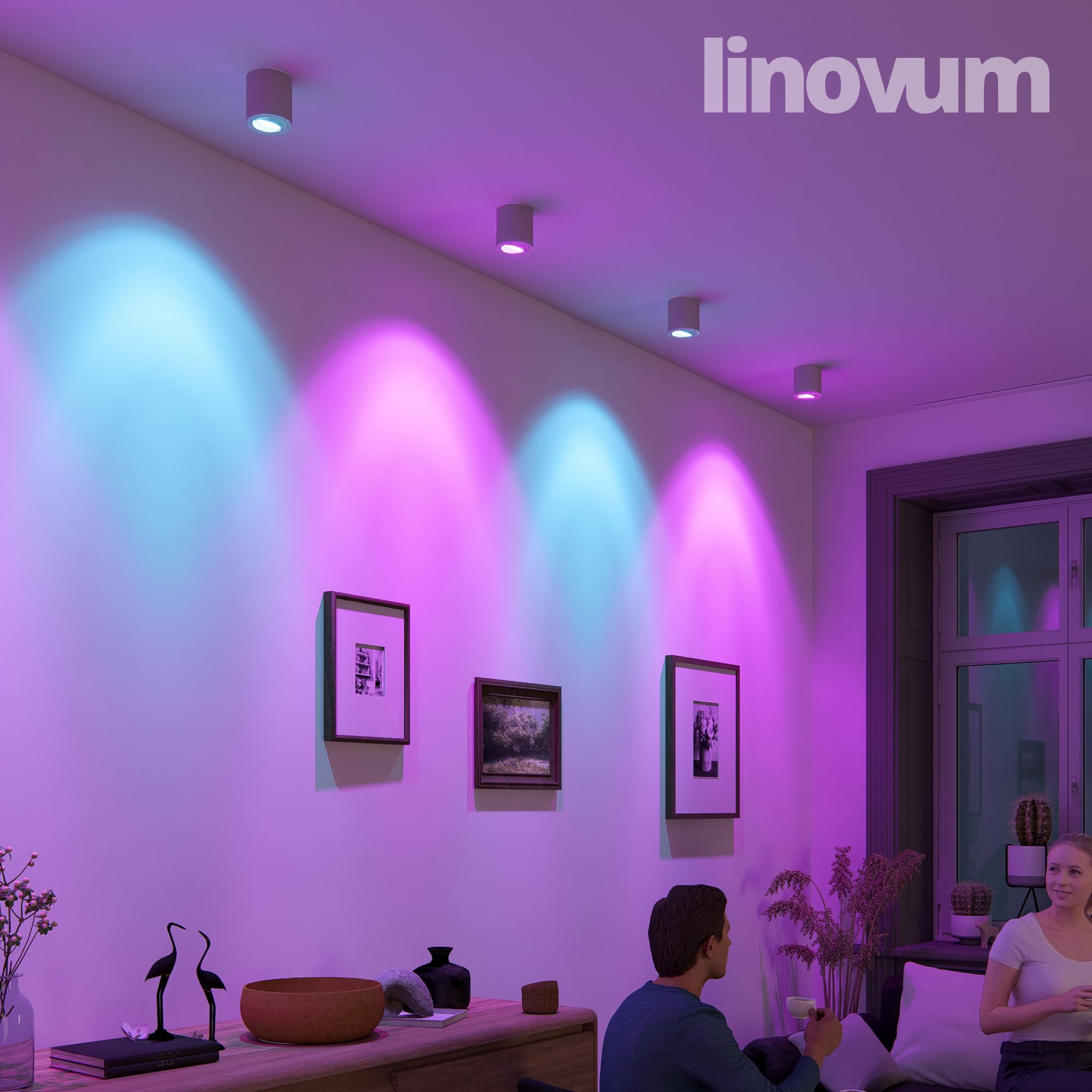 linovum CORI Aufbauleuchte rund weiß Alu mit LED GU10 dimmbar WLAN RGBW Lampe - Deckenlampe Spot kompatibel mit Alexa, Google, Siri