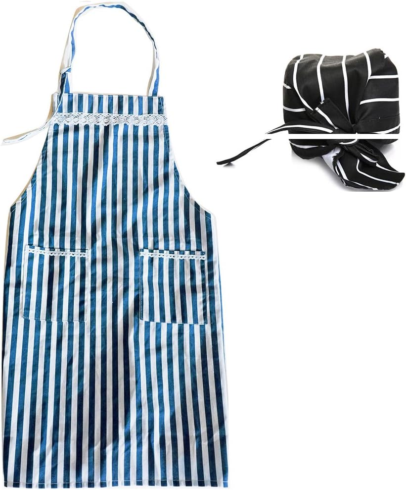 MEI SANG Garden Aprons with pocket , Blue and white striped Navy wind Chef Apron For Men AND Women and one Pirate chef Hat (blue FBA)