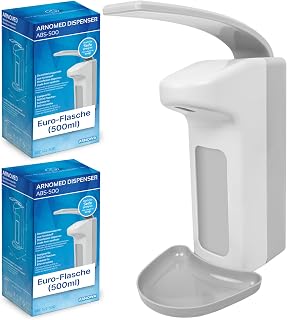 2X ARNOMED Kunststoff-Desinfektionsspender, Desinfektionsmittel-Spender für 500ml, Eurospender, Seifenspender Weiss zur Wand-Befestigung, Desinfektionsspender Wand, Seifenspender stehend ohne Bohren