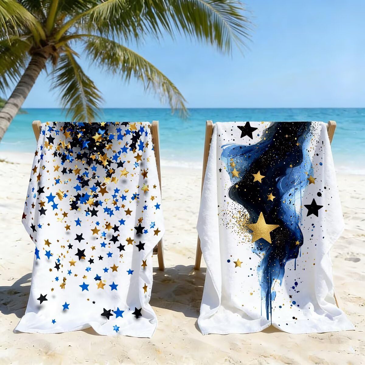 Serviette de Plage XXL 70x140 cm, Lot de 2 Serviette de Bain Microfibre, Anti Sable Serviettes Plage, Séchage Rapide Drap de Bain pour Homme Femme, Portable Fine Serviettes pour Fitness (Étoile) -4745