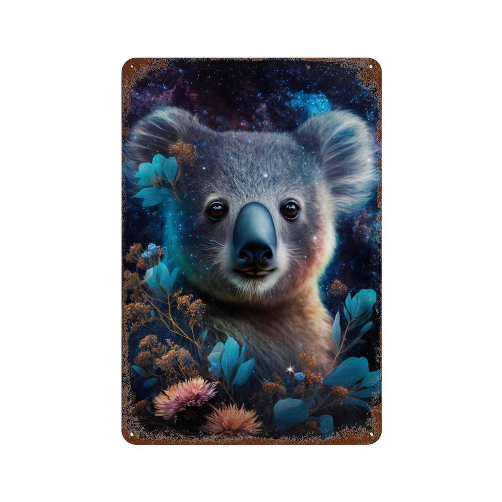 Rust Effect Koala in Space Flowers Vintage Rust Metal Sign 11.8"x7.9", Old School Wall Decor for Basement, Hobby Room And Garage Decor