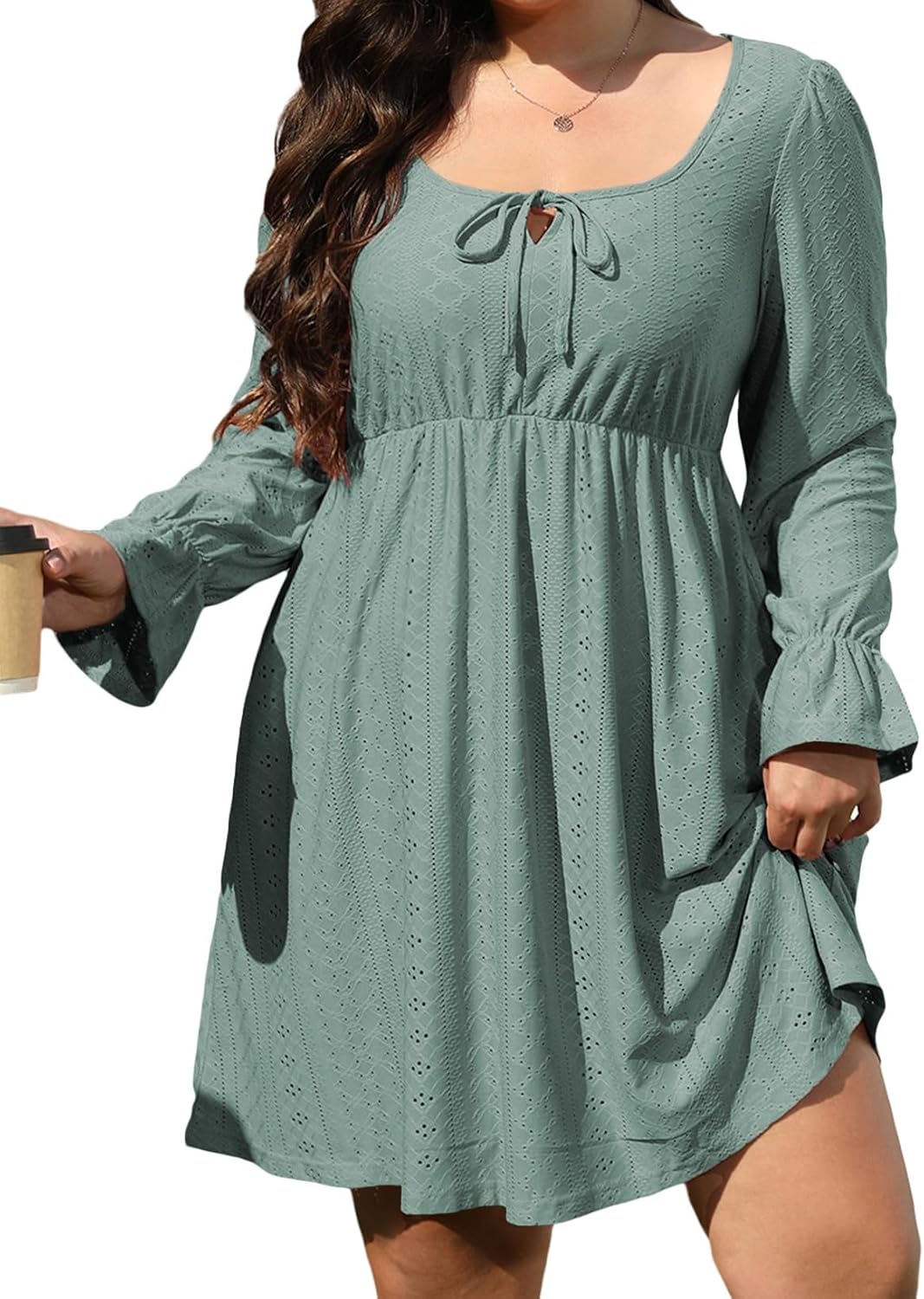 AlvaQ Plus Size Dresses for Women Square Neck Long Sleeve Dress Embroidery Eyelet A Line Sundress with Pockets L-4X Green X-Large Plus